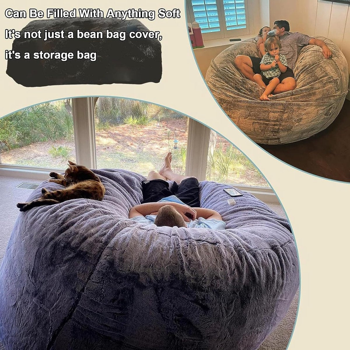 Bean bag, zitzak, XXL zitzak, pluizig, behaaglijk, zitzakstoelhoes voor volwassenen (zonder vulling), wasbaar, 180 x 90 cm, zwart (6 ft), 150 x 75 cm, hemelsblauw