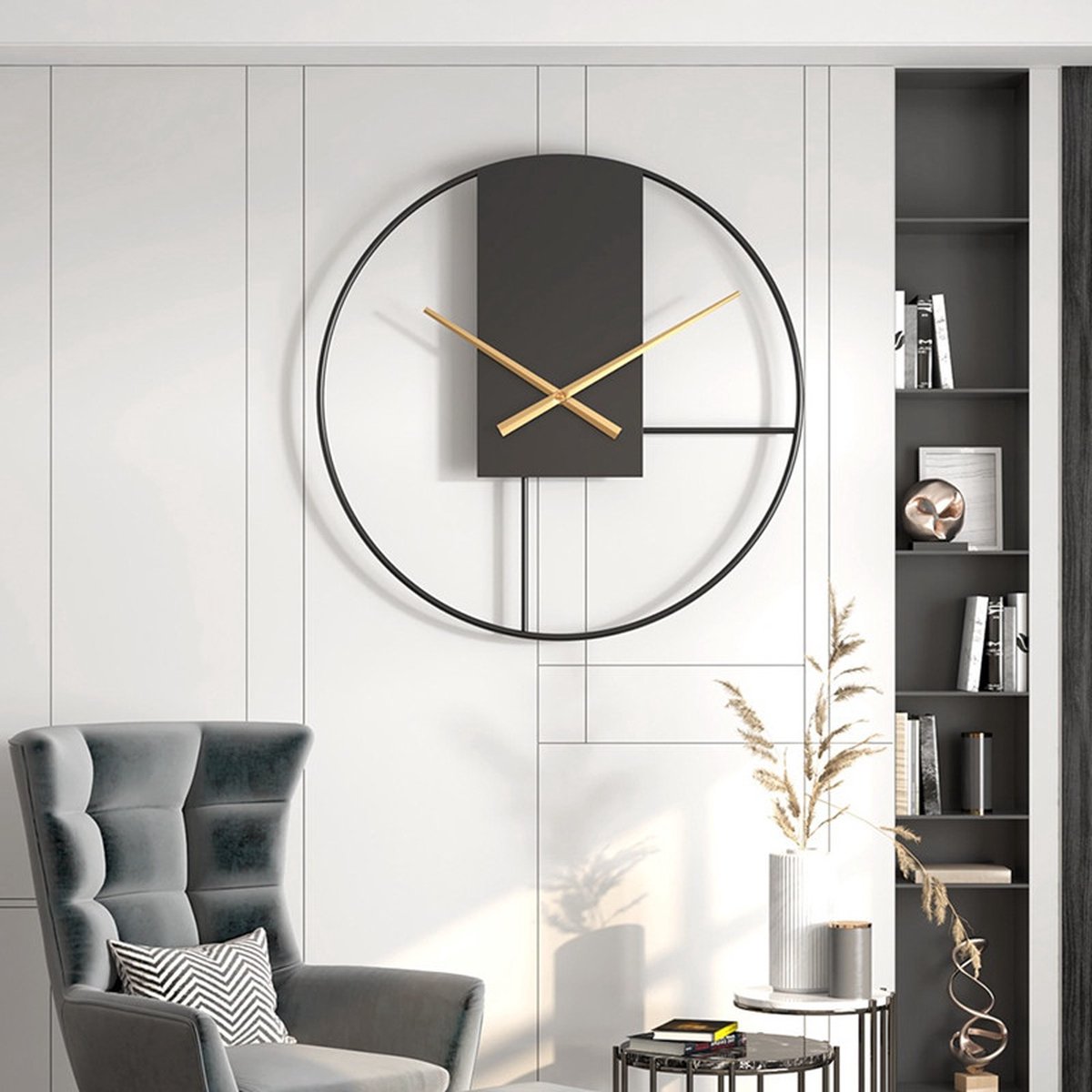 50cm Stijlvolle Scandinavische Metalen Wandklok met Stille Schoonheid-zwart/goud