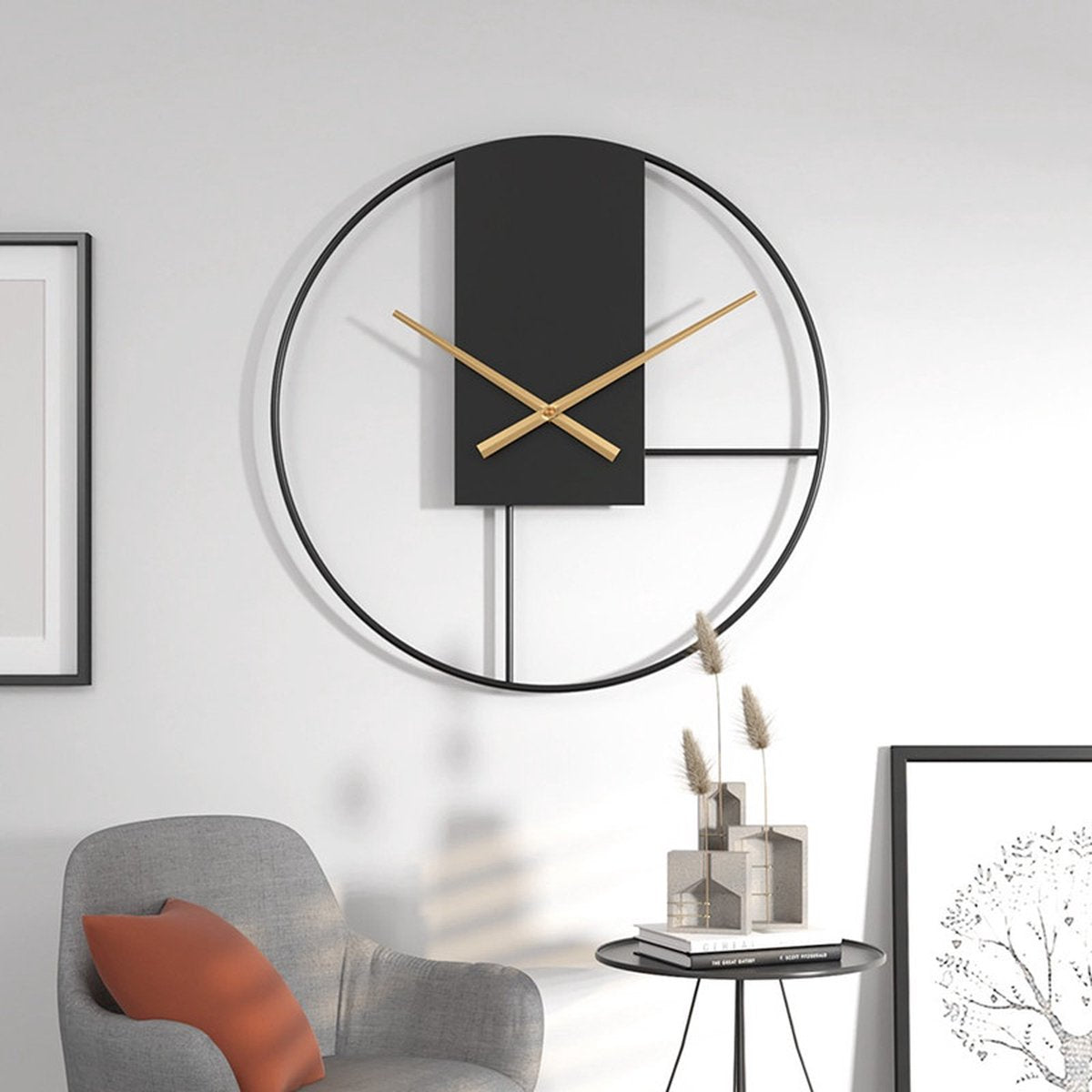 50cm Stijlvolle Scandinavische Metalen Wandklok met Stille Schoonheid-zwart/goud
