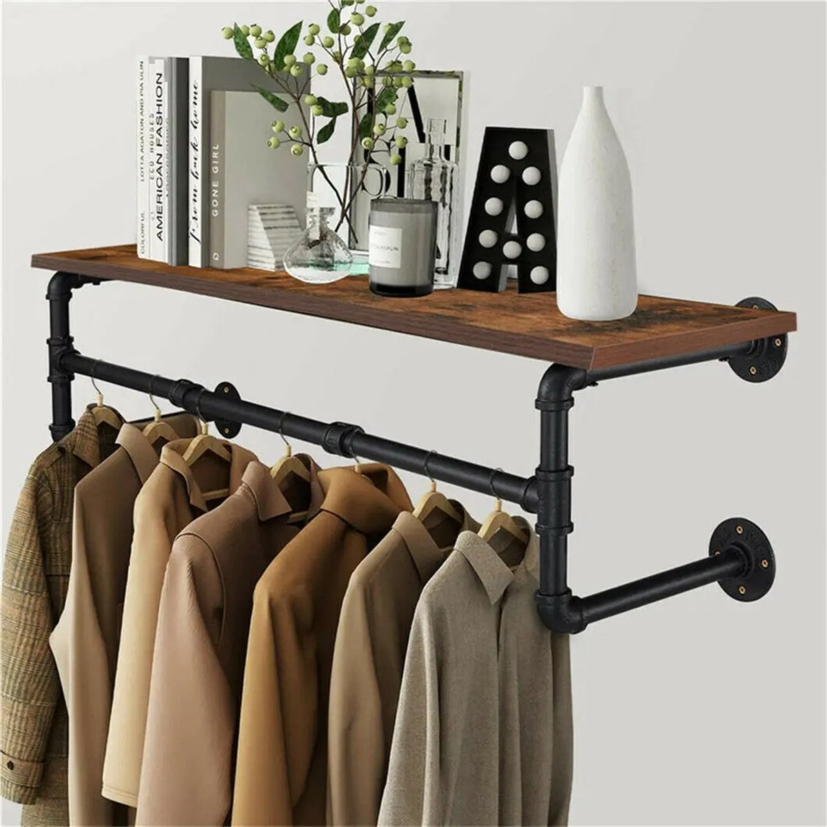 Kapstok - Wandkapstok - Hangende Kapstok - Industrieel - 100x25x22 cm - 4kg - Kapstokhaken - Zwarte Kapstok - Garderoberek - Kapstok met Hoedenplank - Kapstokken