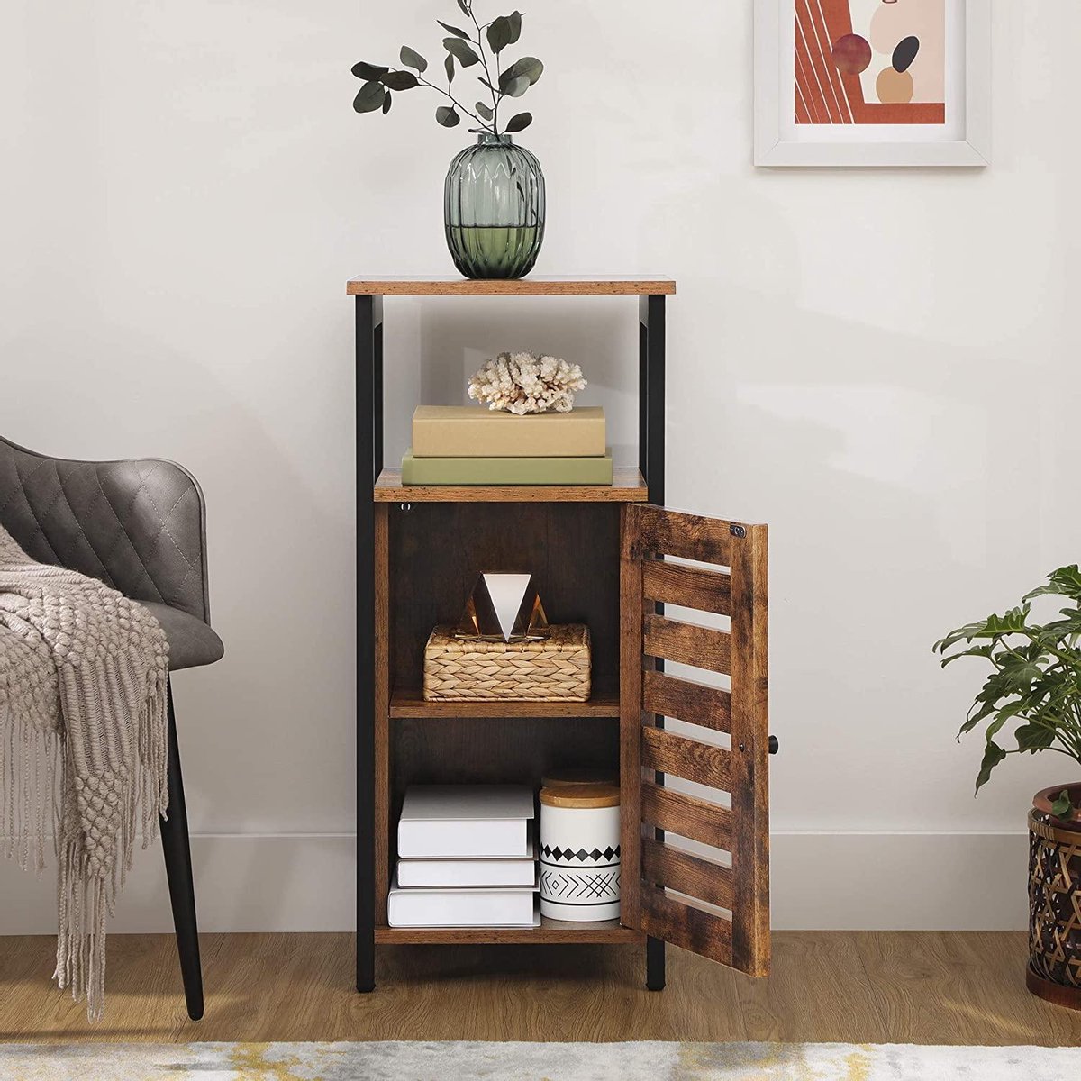 Bijzettafel, nachtkastje, bijzettafel, stabiel nachtkastje met 2 open planken, nachtkastje in industrieel design, woonkamer, slaapkamer, hal, vintage LSC34BX