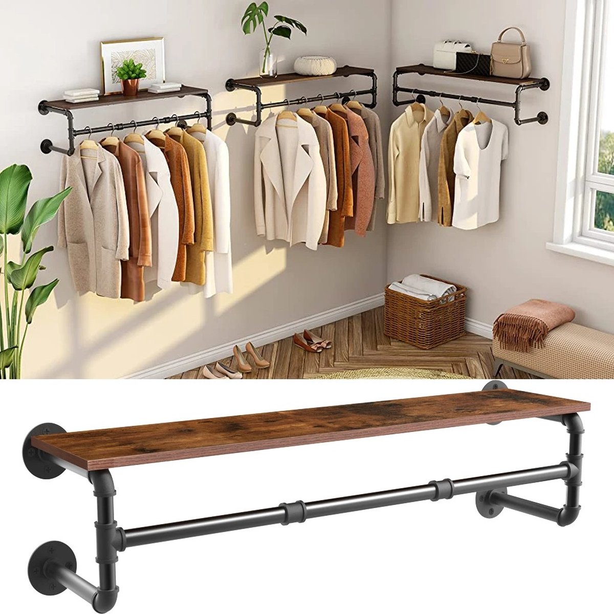 TX Store - Kapstok - Hangend - Kledinghangers - Wandkapstok - Met Plank - Garderoberek - Industrieel - Pijpen - 100x25x22CM