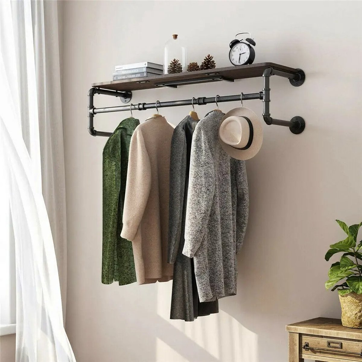 TX Store - Kapstok - Hangend - Kledinghangers - Wandkapstok - Met Plank - Garderoberek - Industrieel - Pijpen - 100x25x22CM