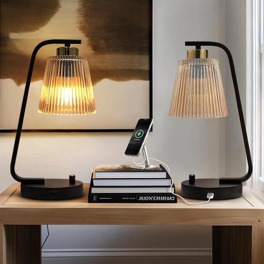 Nachtkastje Lamp - Lamp voor Nachtkastje Set van 2 Tafellampen Vintage Traploos Dimbaar Nachttafellamp USB-Poort Retro Bedlampje Industrieel Bureaulamp Amberkleurige Lampenkap Slaapkamer Woonkamer Lezen Kantoor 2×LED-Lampen