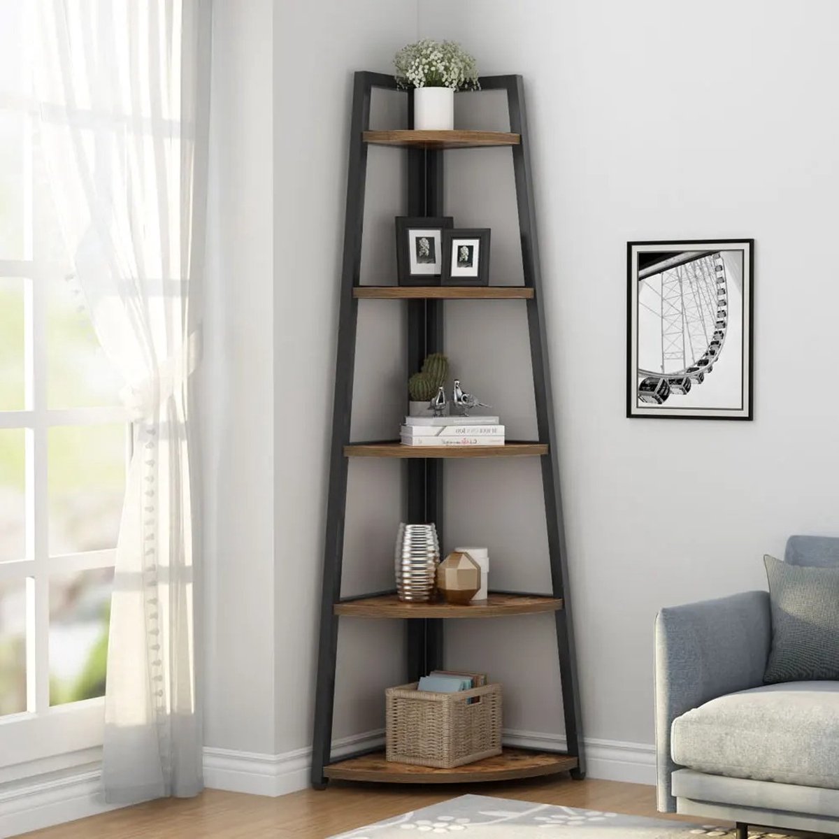 Boekenkast - Hoekmodel - Boekenrek - Boekenplanken - Metalen Frame - 5 Houten planken - Opbergplanken - B 65,91cm x D 24,99cm x H 179,58cm