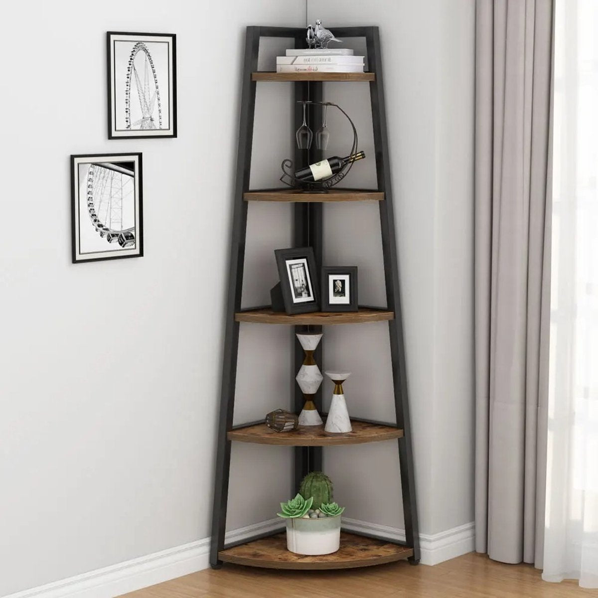 Boekenkast - Hoekmodel - Boekenrek - Boekenplanken - Metalen Frame - 5 Houten planken - Opbergplanken - B 65,91cm x D 24,99cm x H 179,58cm