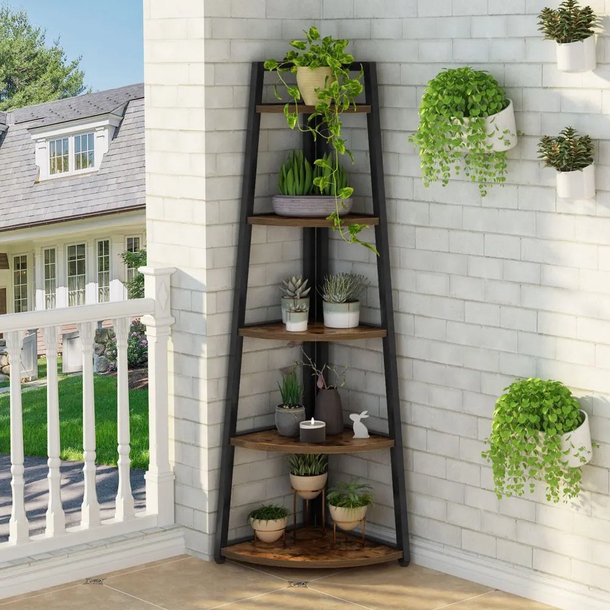 Boekenkast - Hoekmodel - Boekenrek - Boekenplanken - Metalen Frame - 5 Houten planken - Opbergplanken - B 65,91cm x D 24,99cm x H 179,58cm