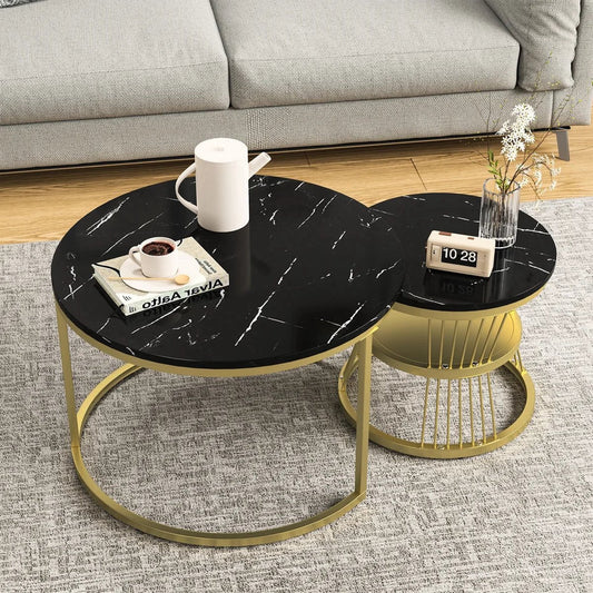 Modern Coffee Table - 70 and 45 cm - Coffee Table - Side Table - 2 Pieces - Round Coffee Table - Marble Look - Black - Gold