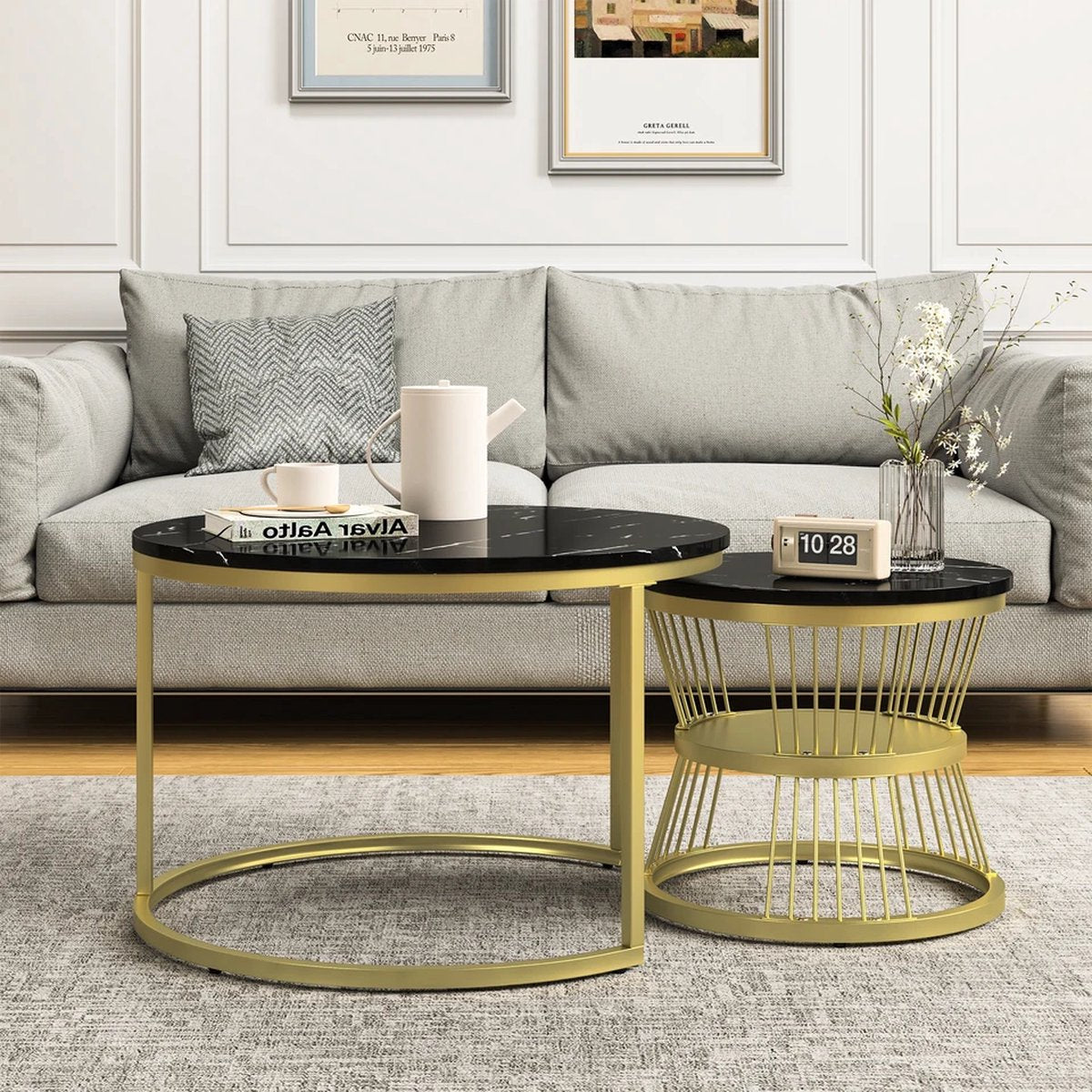 Modern Coffee Table - 70 and 45 cm - Coffee Table - Side Table - 2 Pieces - Round Coffee Table - Marble Look - Black - Gold