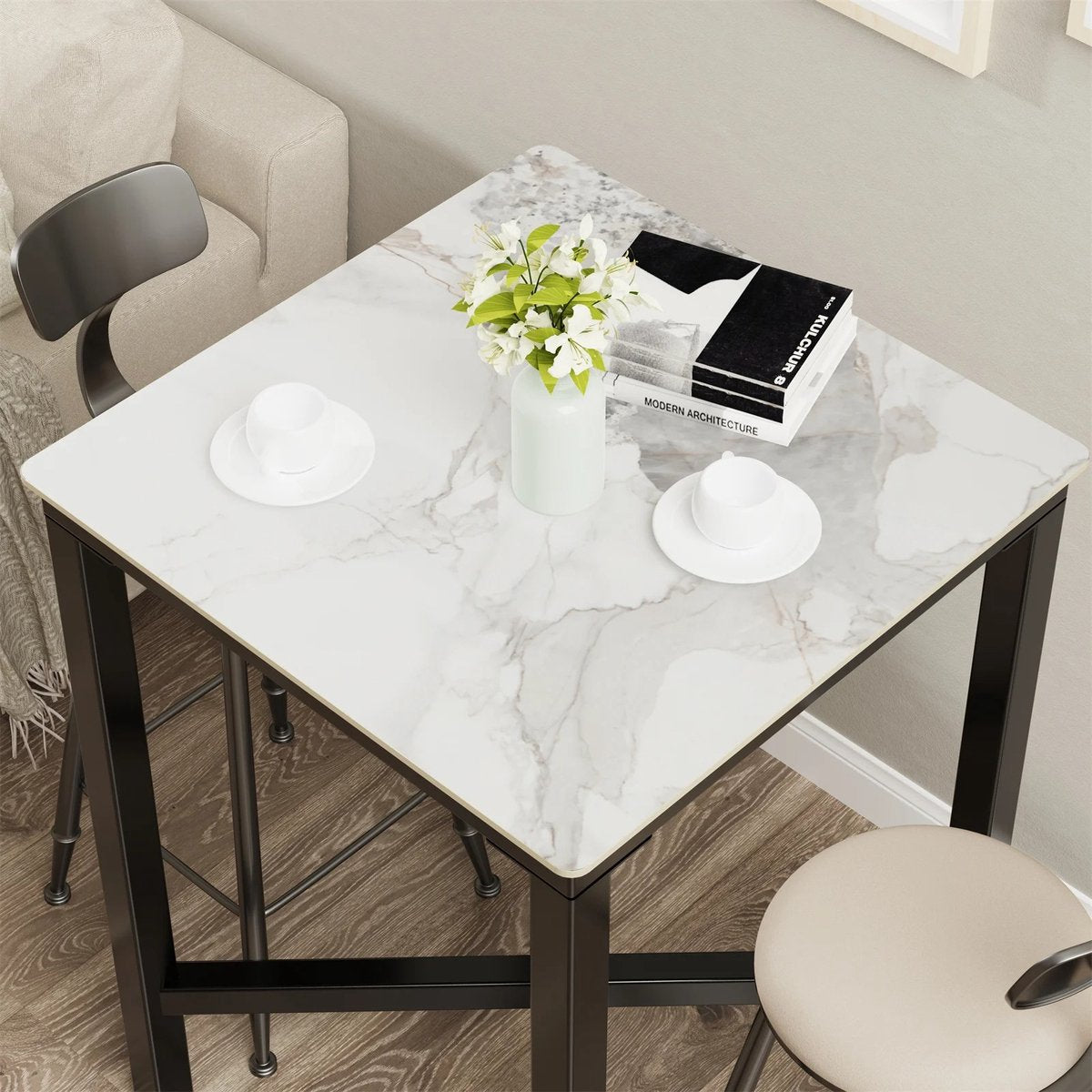 SPARK JOY® - Vierkante Bartafel - 105cm hoog - Stenen Blad - Wit Marmer - Voor Eetkamer, Keuken of Kantoor