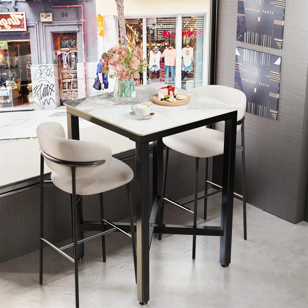 SPARK JOY® - Vierkante Bartafel - 105cm hoog - Stenen Blad - Wit Marmer - Voor Eetkamer, Keuken of Kantoor