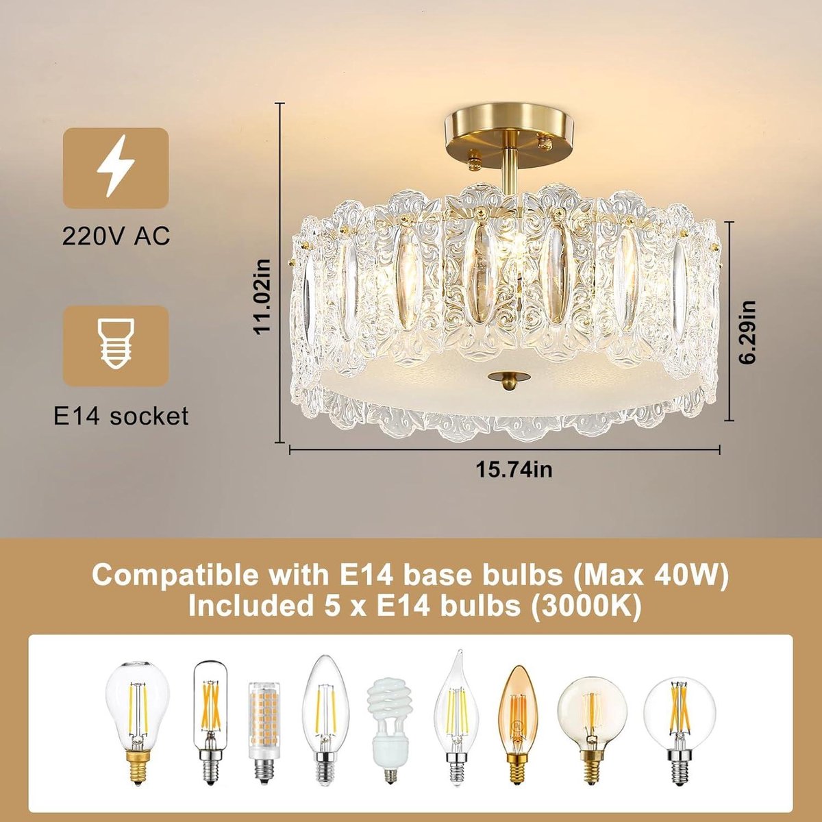 Modern Crystal Chandelier - 40 cm - Gold - Semi-Flush Mount Ceiling Light - LED Lamp - Elegant Design - Living Room Dining Room - Bedroom Restaurant - E14 x 5