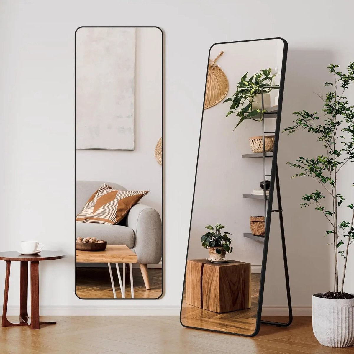 Spiegel - Staande spiegel - Staande spiegels - Ronde hoeken - Zwart - 162x53x3cm