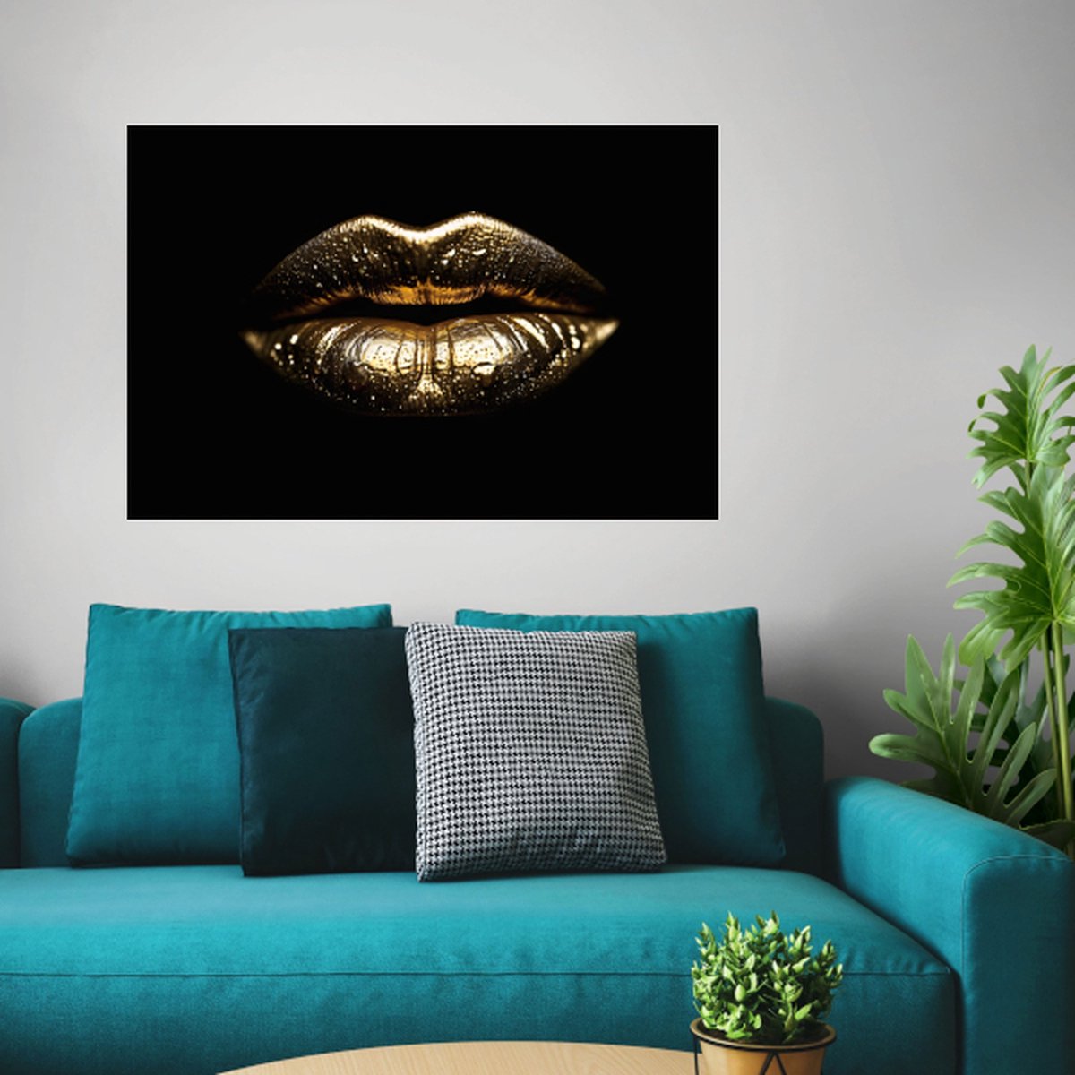 Gouden lippen met waterdruppels schilderij - Lippen wanddecoratie - Glasschilderij goud - Muurdecoratie woonkamer - Acrylglas schilderijen - Kantoor accessoires - 120 x 80 cm 5mm