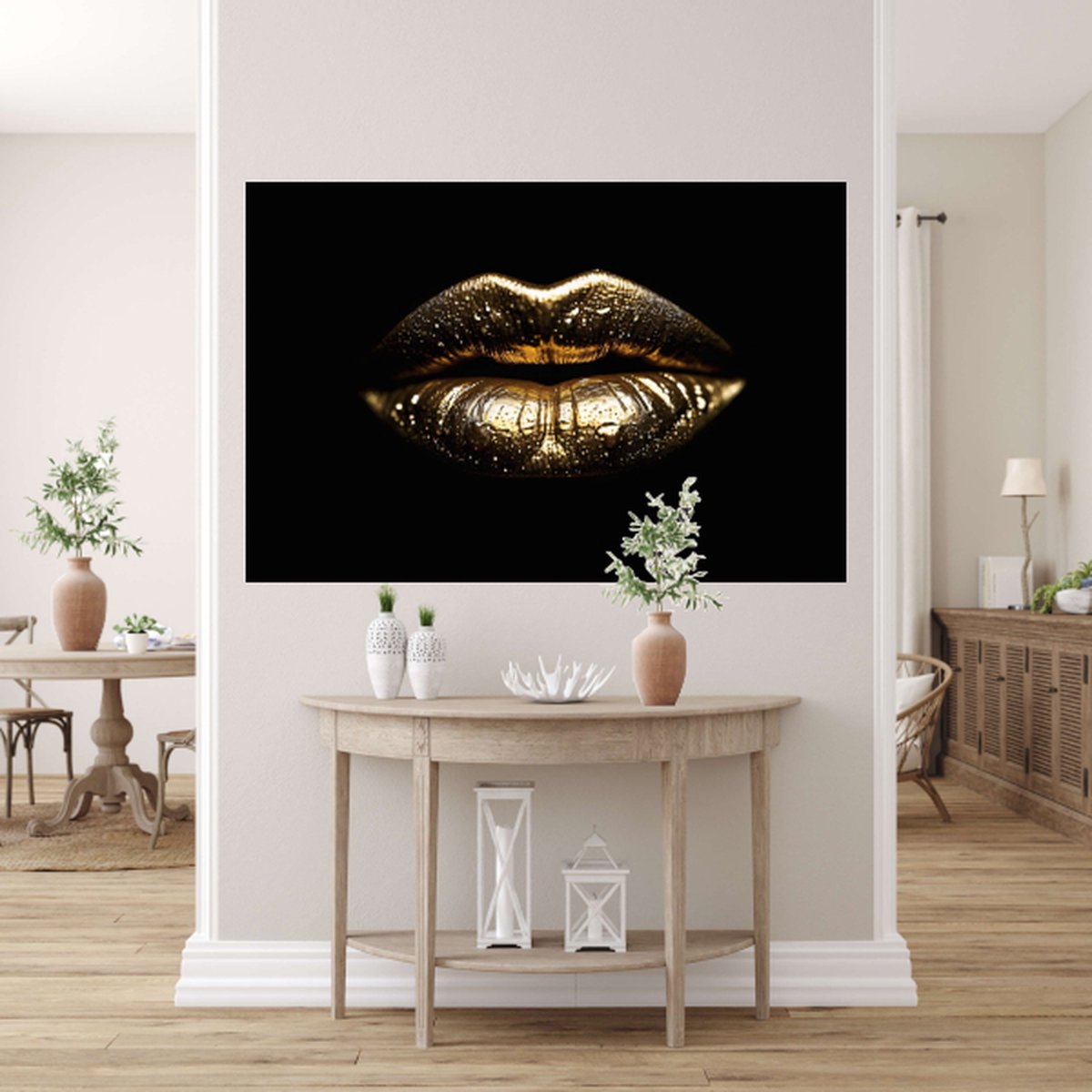 Gouden lippen met waterdruppels schilderij - Lippen wanddecoratie - Glasschilderij goud - Muurdecoratie woonkamer - Acrylglas schilderijen - Kantoor accessoires - 120 x 80 cm 5mm