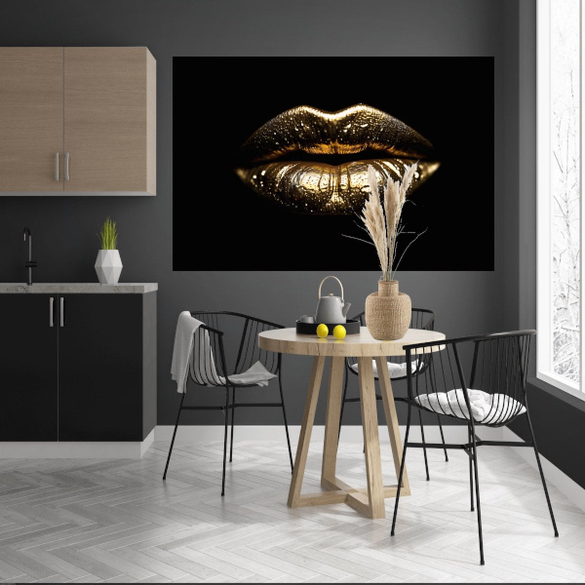 Gouden lippen met waterdruppels schilderij - Lippen wanddecoratie - Glasschilderij goud - Muurdecoratie woonkamer - Acrylglas schilderijen - Kantoor accessoires - 120 x 80 cm 5mm