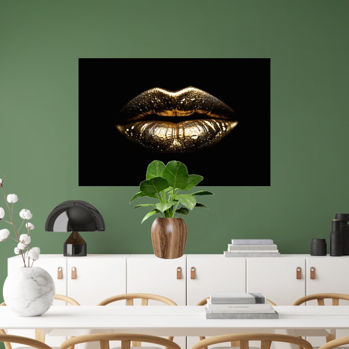 Gouden lippen met waterdruppels schilderij - Lippen wanddecoratie - Glasschilderij goud - Muurdecoratie woonkamer - Acrylglas schilderijen - Kantoor accessoires - 120 x 80 cm 5mm
