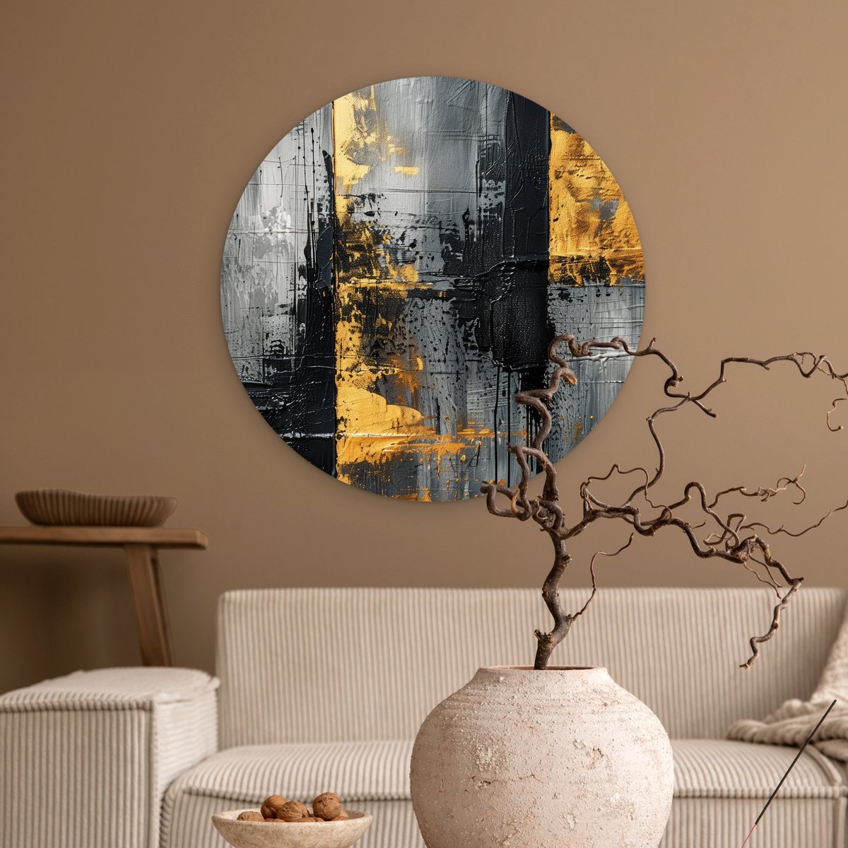 WallCircle® Wandcirkel 60x60 cm - Muurcirkel Modern - Goud - Grijs - Patroon - Abstract - Luxe - Muurdecoratie woonkamer - Wanddecoratie slaapkamer - Kamer decoratie accessoires - Ronde schilderijen - Woonaccessoires binnen cirkel