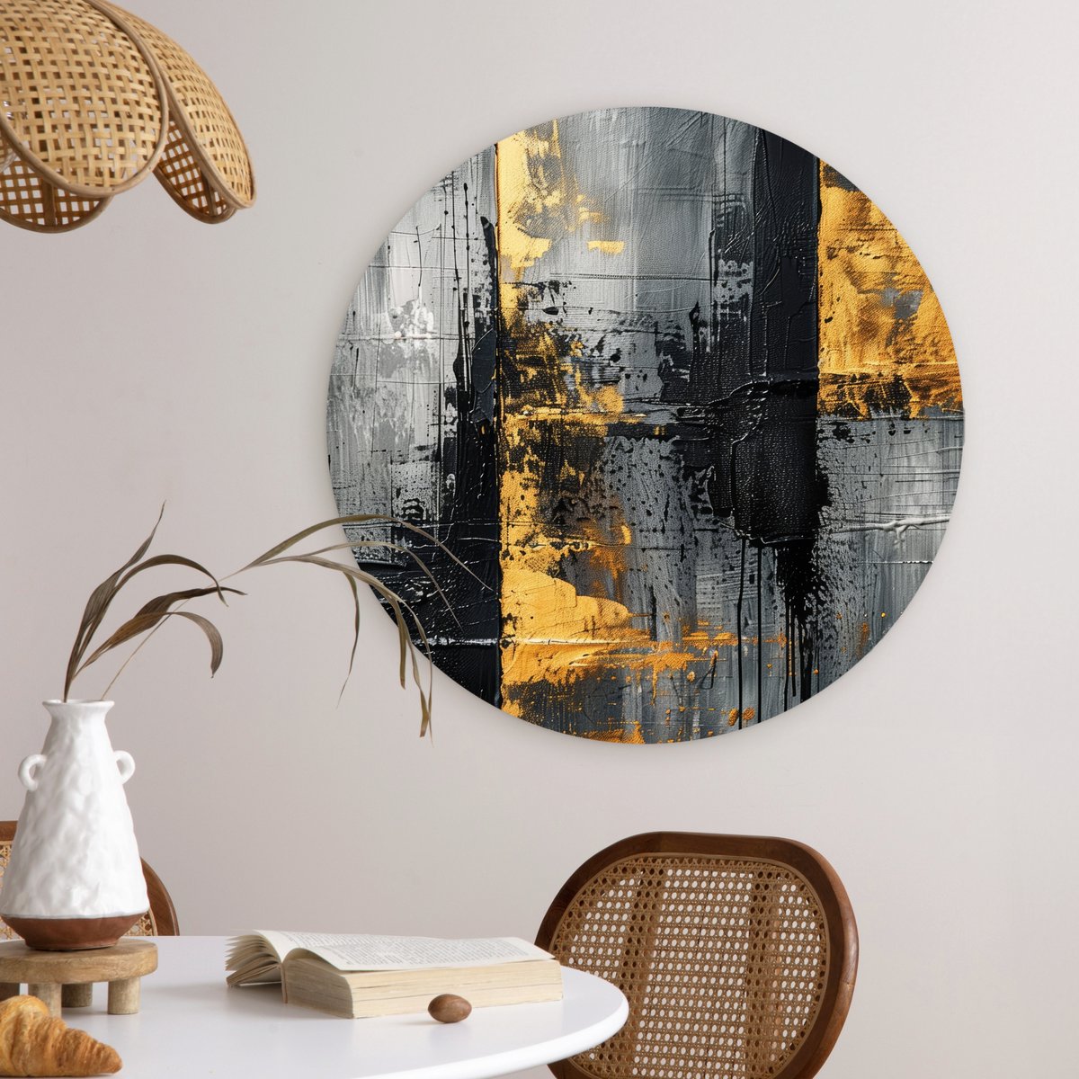 WallCircle® Wandcirkel 60x60 cm - Muurcirkel Modern - Goud - Grijs - Patroon - Abstract - Luxe - Muurdecoratie woonkamer - Wanddecoratie slaapkamer - Kamer decoratie accessoires - Ronde schilderijen - Woonaccessoires binnen cirkel