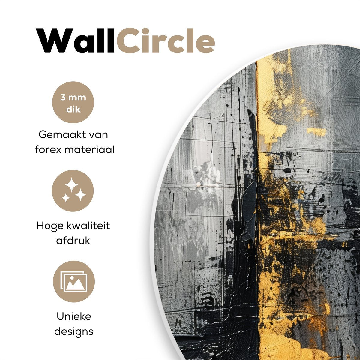WallCircle® Wandcirkel 60x60 cm - Muurcirkel Modern - Goud - Grijs - Patroon - Abstract - Luxe - Muurdecoratie woonkamer - Wanddecoratie slaapkamer - Kamer decoratie accessoires - Ronde schilderijen - Woonaccessoires binnen cirkel