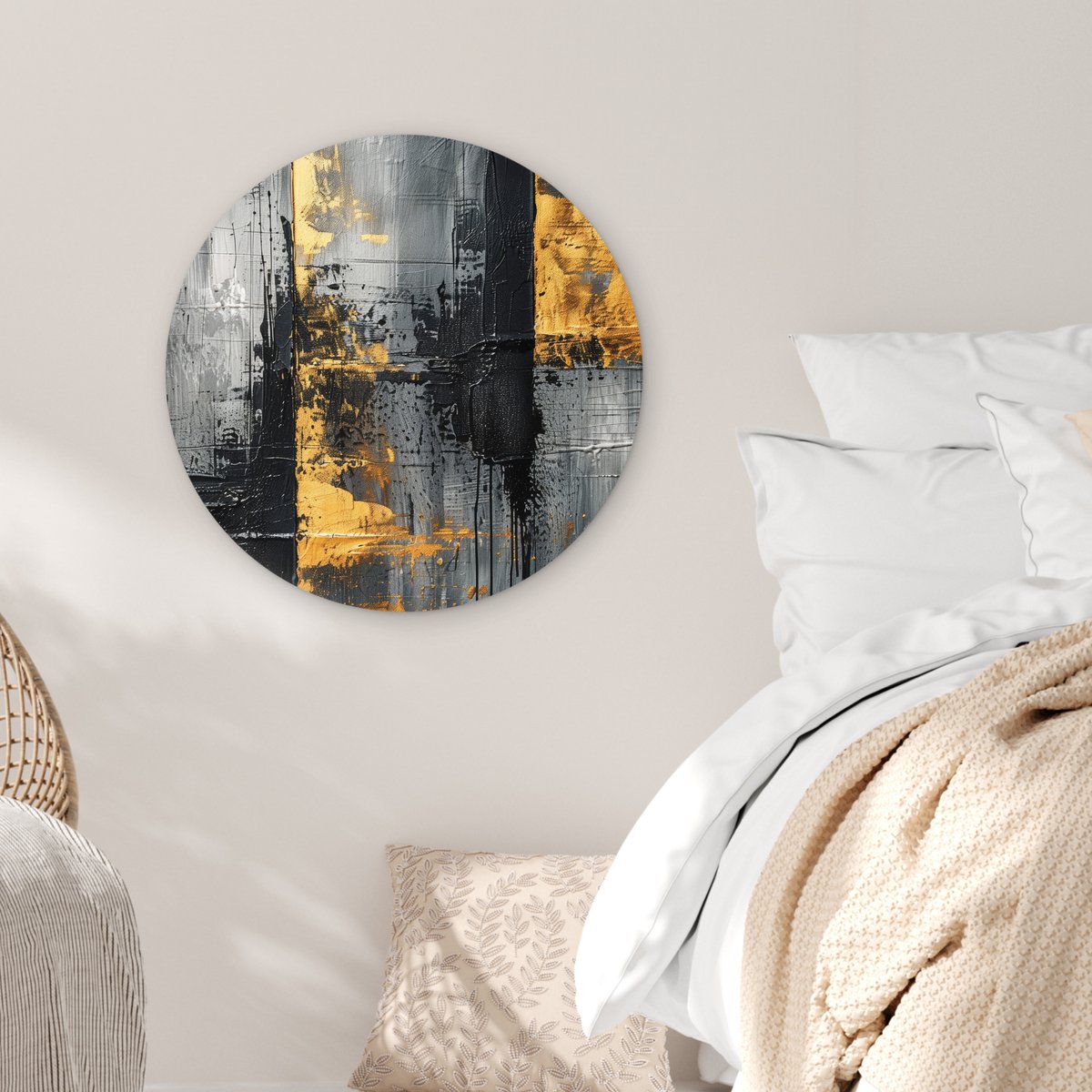 WallCircle® Wandcirkel 60x60 cm - Muurcirkel Modern - Goud - Grijs - Patroon - Abstract - Luxe - Muurdecoratie woonkamer - Wanddecoratie slaapkamer - Kamer decoratie accessoires - Ronde schilderijen - Woonaccessoires binnen cirkel