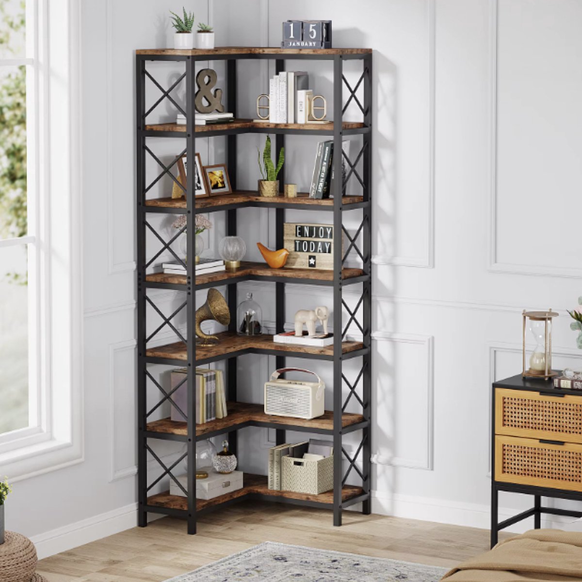 J&R Hoekboekenkast - Plankenkast - Open Kast - Hout - 7 Lagen - Industrieel - Zwart metaal - Donker hout - 200x60x60