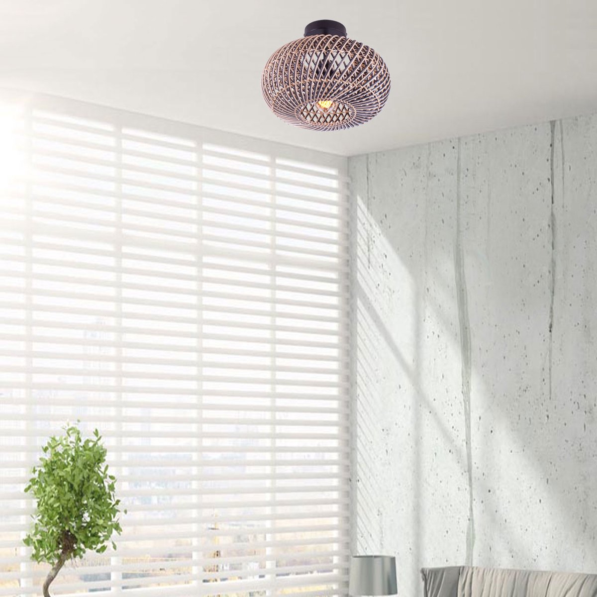 Rotan plafondlamp Stripes | 1 lichts | zwart / naturel | rotan / metaal | Ø 30cm | eetkamer / eettafel / woonkamer lamp | modern / landelijk design