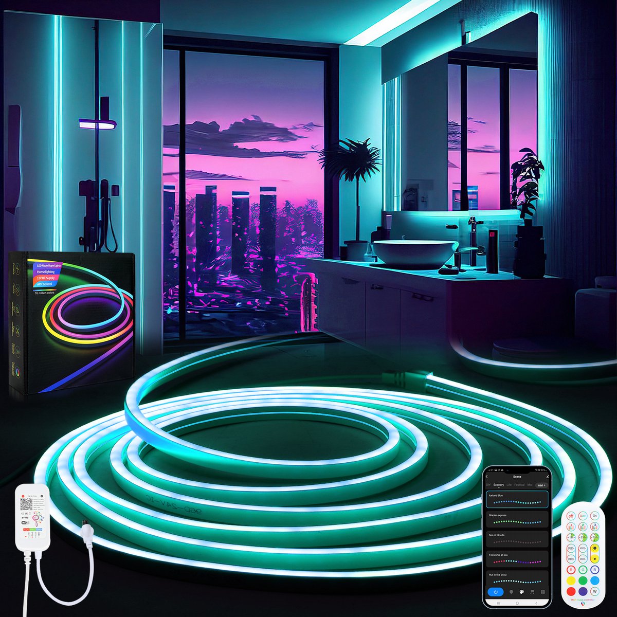 Neon LED Strip RGBIC 10 (2x5m) Meter - 3535 Lichtstrip IP65 Voor Buiten LED Verlichting - Met App En Afstandsbediening - Smart LED-strip - Volledig Dimbaar - Compatibel met Google Home, Amazon Alexa En Siri