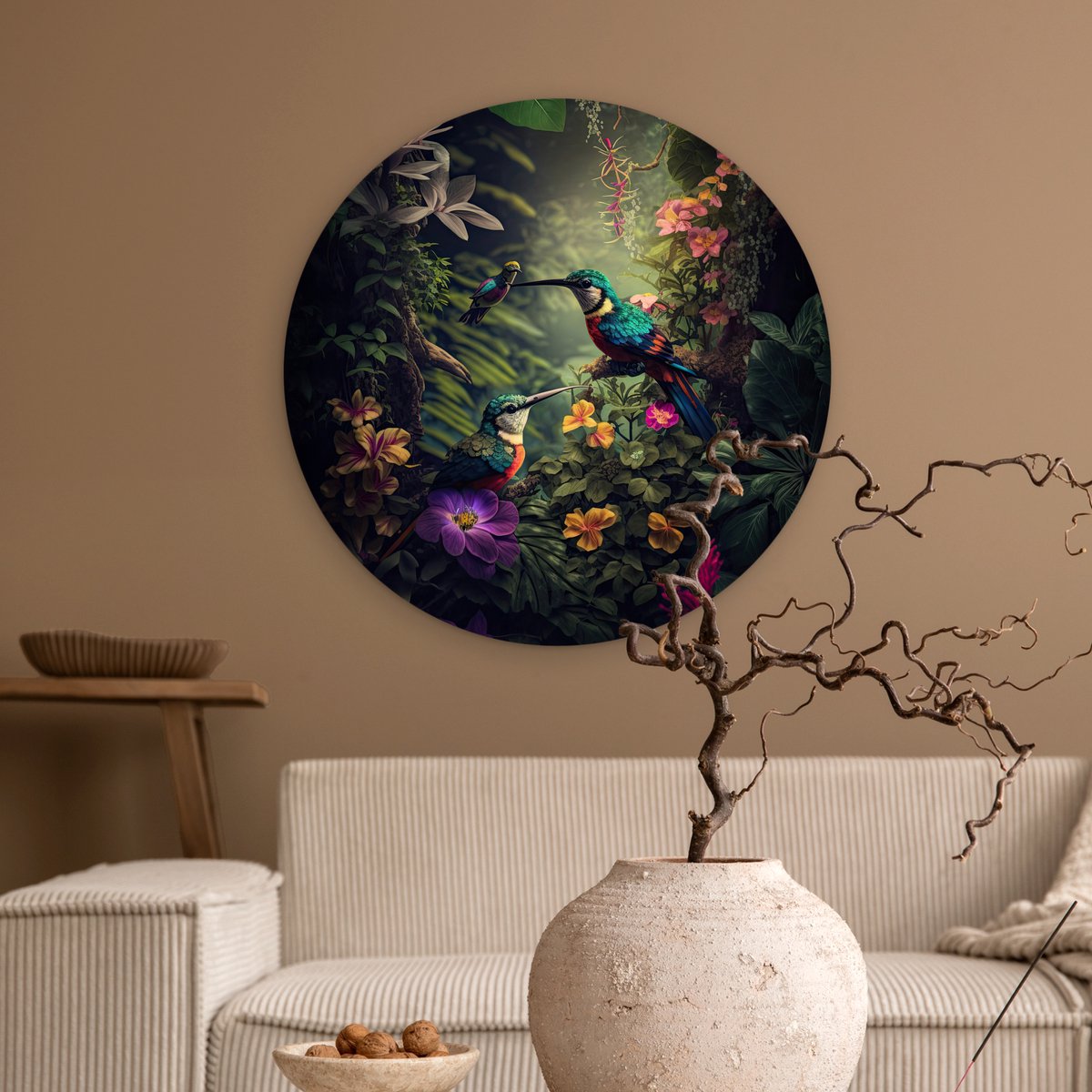 Wall circle jungle - Flowers - Plants - Tropical - Round paintings - Wall circle - Round wall decoration - 60x60 cm - Wall decoration circle - Bedroom - Room decoration