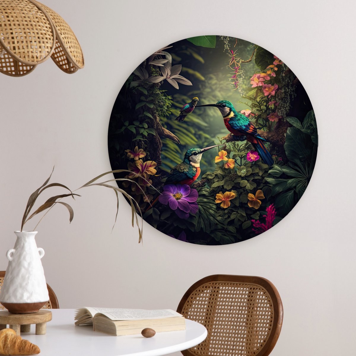 Wall circle jungle - Flowers - Plants - Tropical - Round paintings - Wall circle - Round wall decoration - 60x60 cm - Wall decoration circle - Bedroom - Room decoration
