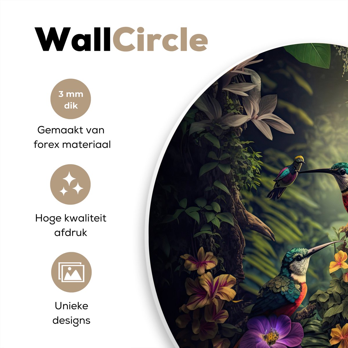 Wall circle jungle - Flowers - Plants - Tropical - Round paintings - Wall circle - Round wall decoration - 60x60 cm - Wall decoration circle - Bedroom - Room decoration