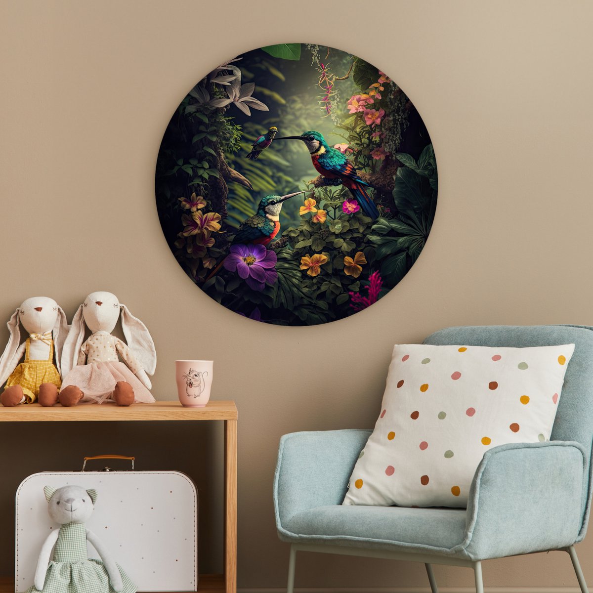 Wall circle jungle - Flowers - Plants - Tropical - Round paintings - Wall circle - Round wall decoration - 60x60 cm - Wall decoration circle - Bedroom - Room decoration