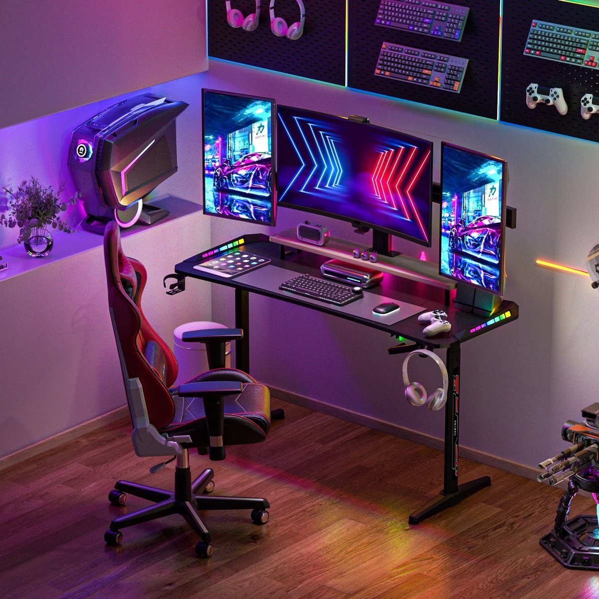 vanBoni Gaming Bureau Hoogte verstelbaar - Gaming Desk - Gaming Bureau met Led Verlichting - Zit Sta Bureau - 160x60x120CM - Zwart