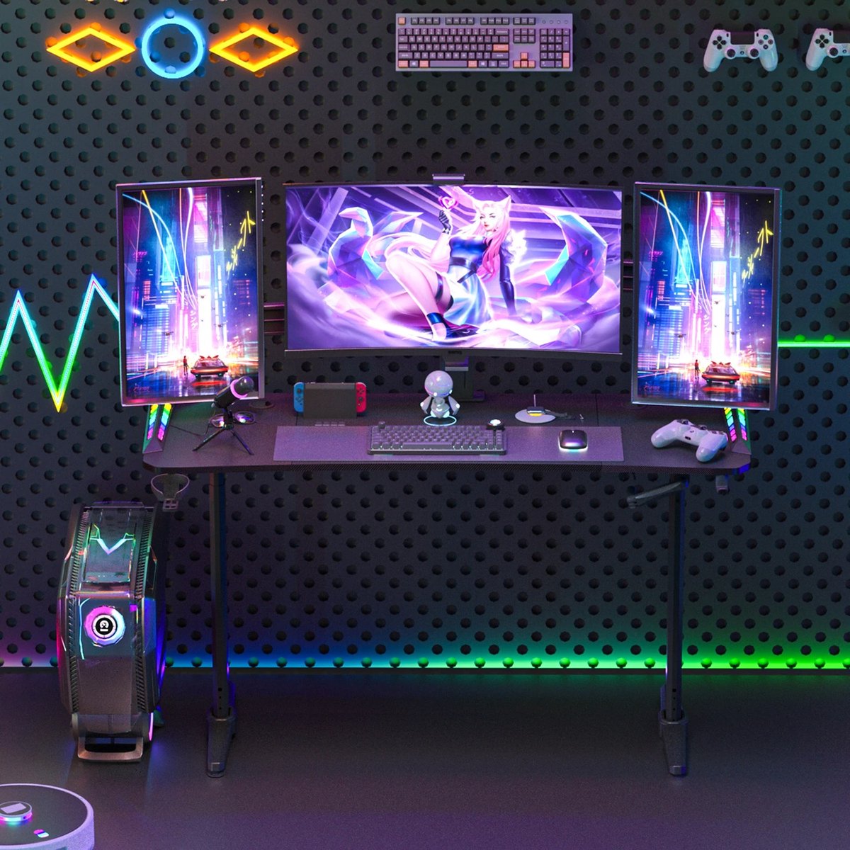 vanBoni Gaming Bureau Hoogte verstelbaar - Gaming Desk - Gaming Bureau met Led Verlichting - Zit Sta Bureau - 160x60x120CM - Zwart
