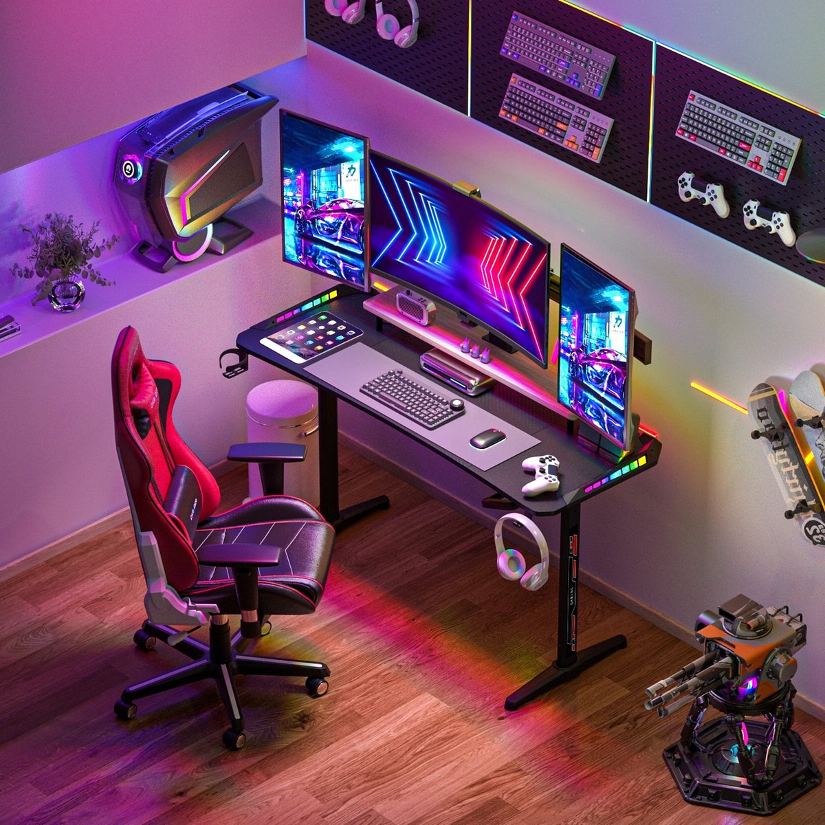 vanBoni Gaming Bureau Hoogte verstelbaar - Gaming Desk - Gaming Bureau met Led Verlichting - Zit Sta Bureau - 160x60x120CM - Zwart