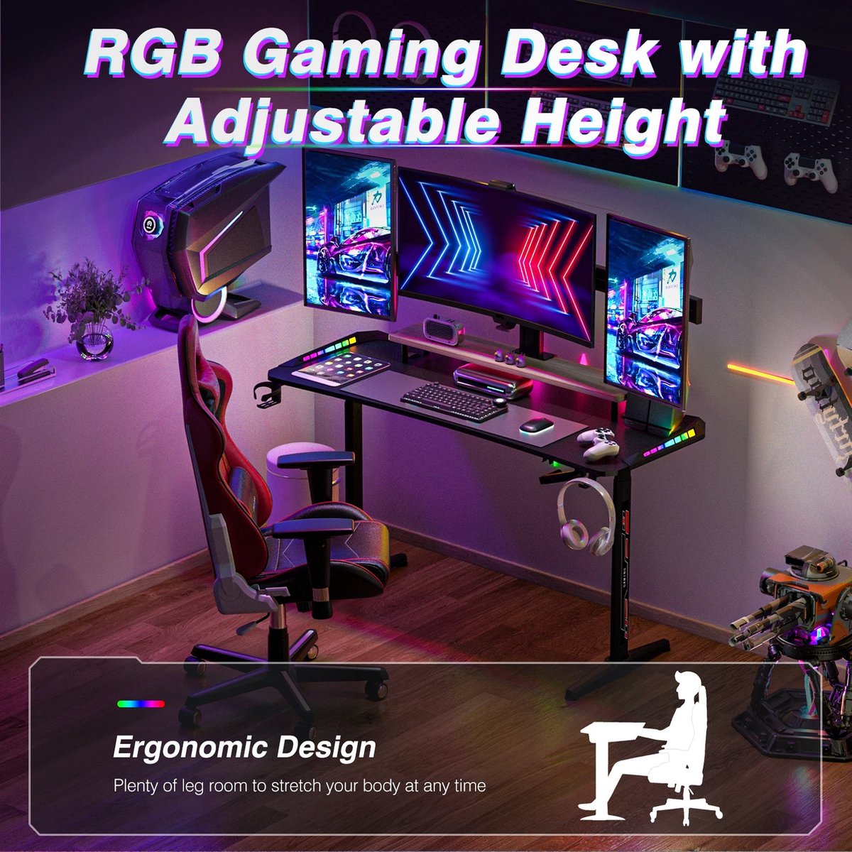 vanBoni Gaming Bureau Hoogte verstelbaar - Gaming Desk - Gaming Bureau met Led Verlichting - Zit Sta Bureau - 160x60x120CM - Zwart