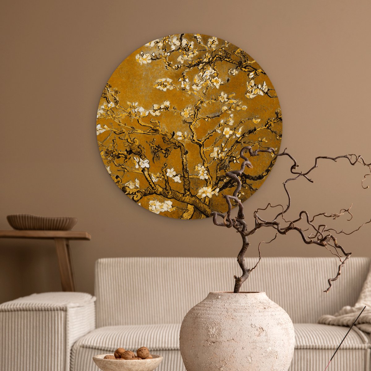 WallCircle® Wandcirkel 60x60 cm - Muurcirkel Amandelbloesem - Plant - Kunst - Van Gogh - Muurdecoratie woonkamer - Wanddecoratie slaapkamer - Kamer decoratie accessoires - Ronde schilderijen - Woonaccessoires cirkel binnen