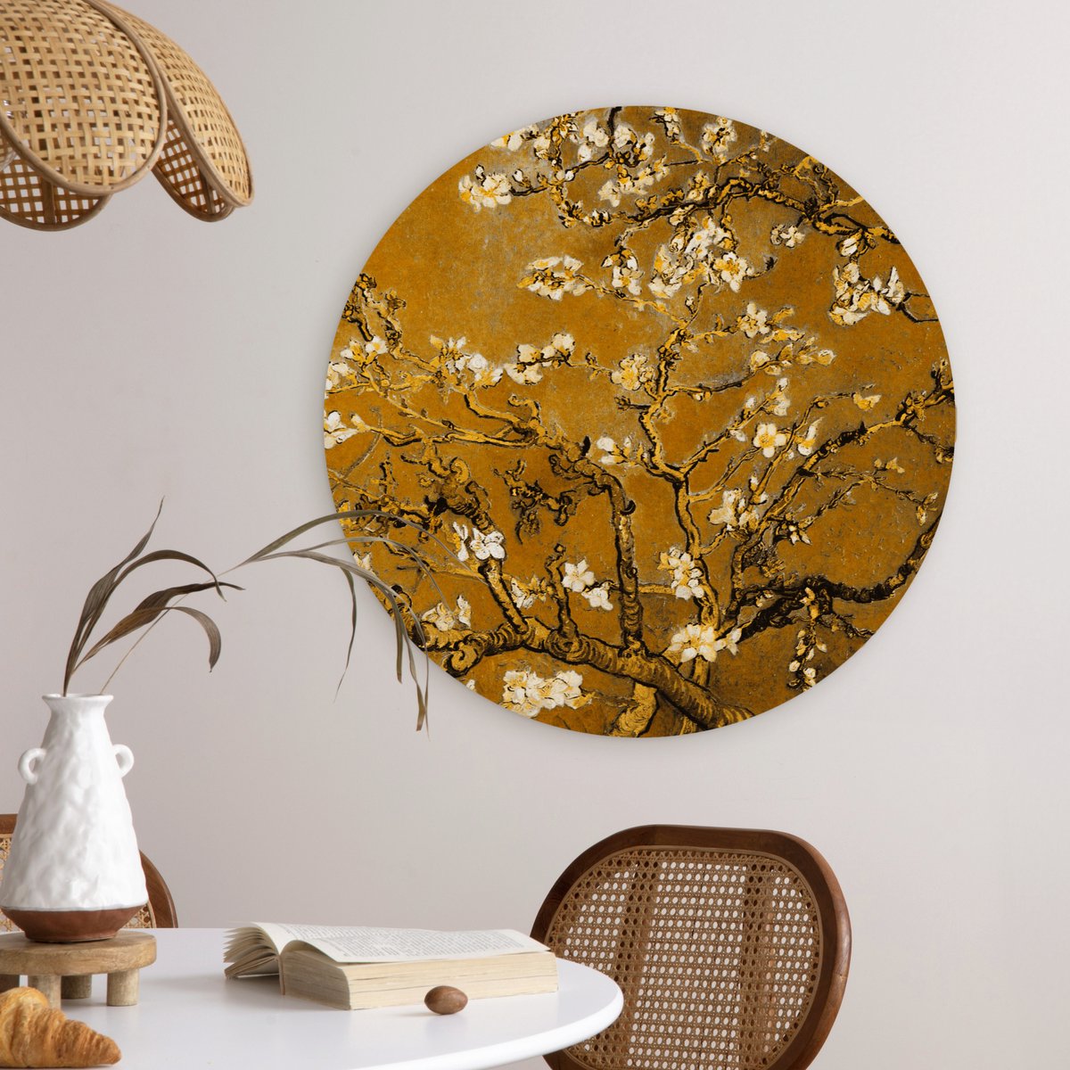 WallCircle® Wandcirkel 60x60 cm - Muurcirkel Amandelbloesem - Plant - Kunst - Van Gogh - Muurdecoratie woonkamer - Wanddecoratie slaapkamer - Kamer decoratie accessoires - Ronde schilderijen - Woonaccessoires cirkel binnen