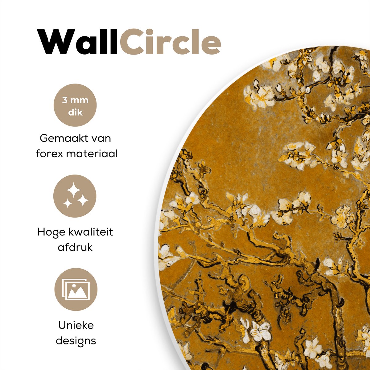 WallCircle® Wandcirkel 60x60 cm - Muurcirkel Amandelbloesem - Plant - Kunst - Van Gogh - Muurdecoratie woonkamer - Wanddecoratie slaapkamer - Kamer decoratie accessoires - Ronde schilderijen - Woonaccessoires cirkel binnen
