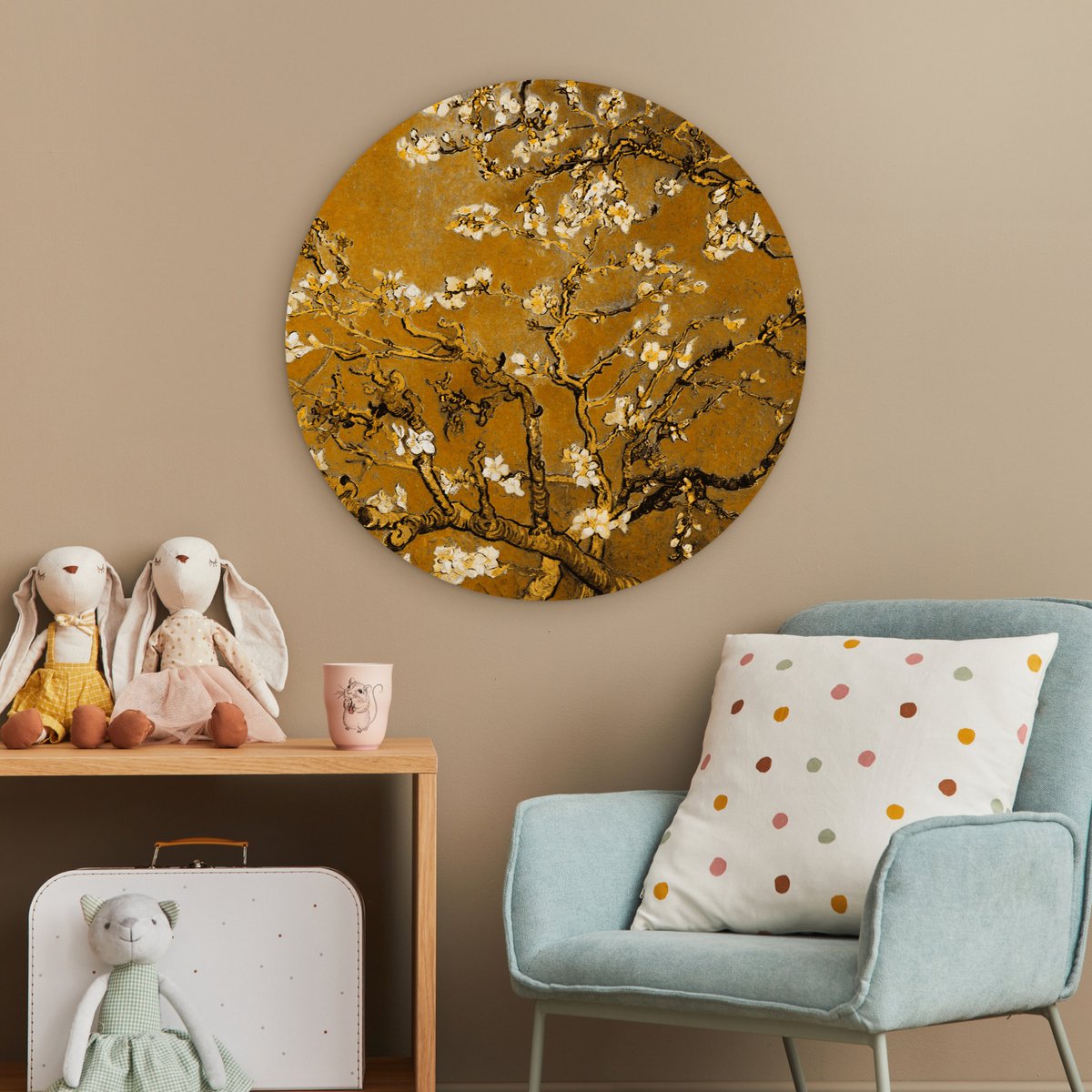 WallCircle® Wandcirkel 60x60 cm - Muurcirkel Amandelbloesem - Plant - Kunst - Van Gogh - Muurdecoratie woonkamer - Wanddecoratie slaapkamer - Kamer decoratie accessoires - Ronde schilderijen - Woonaccessoires cirkel binnen