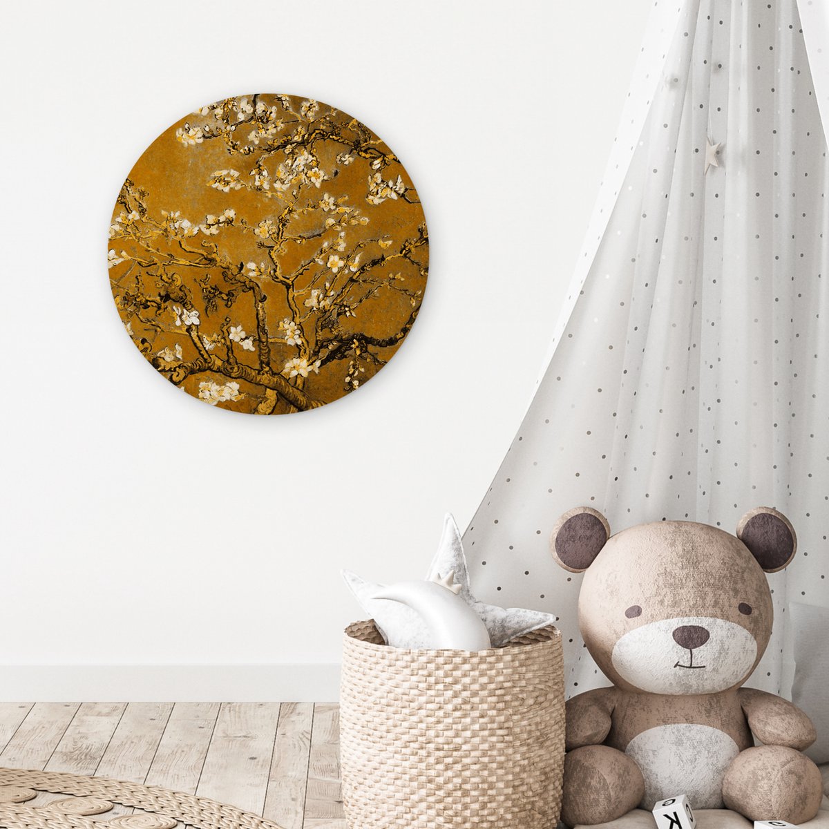 WallCircle® Wandcirkel 60x60 cm - Muurcirkel Amandelbloesem - Plant - Kunst - Van Gogh - Muurdecoratie woonkamer - Wanddecoratie slaapkamer - Kamer decoratie accessoires - Ronde schilderijen - Woonaccessoires cirkel binnen