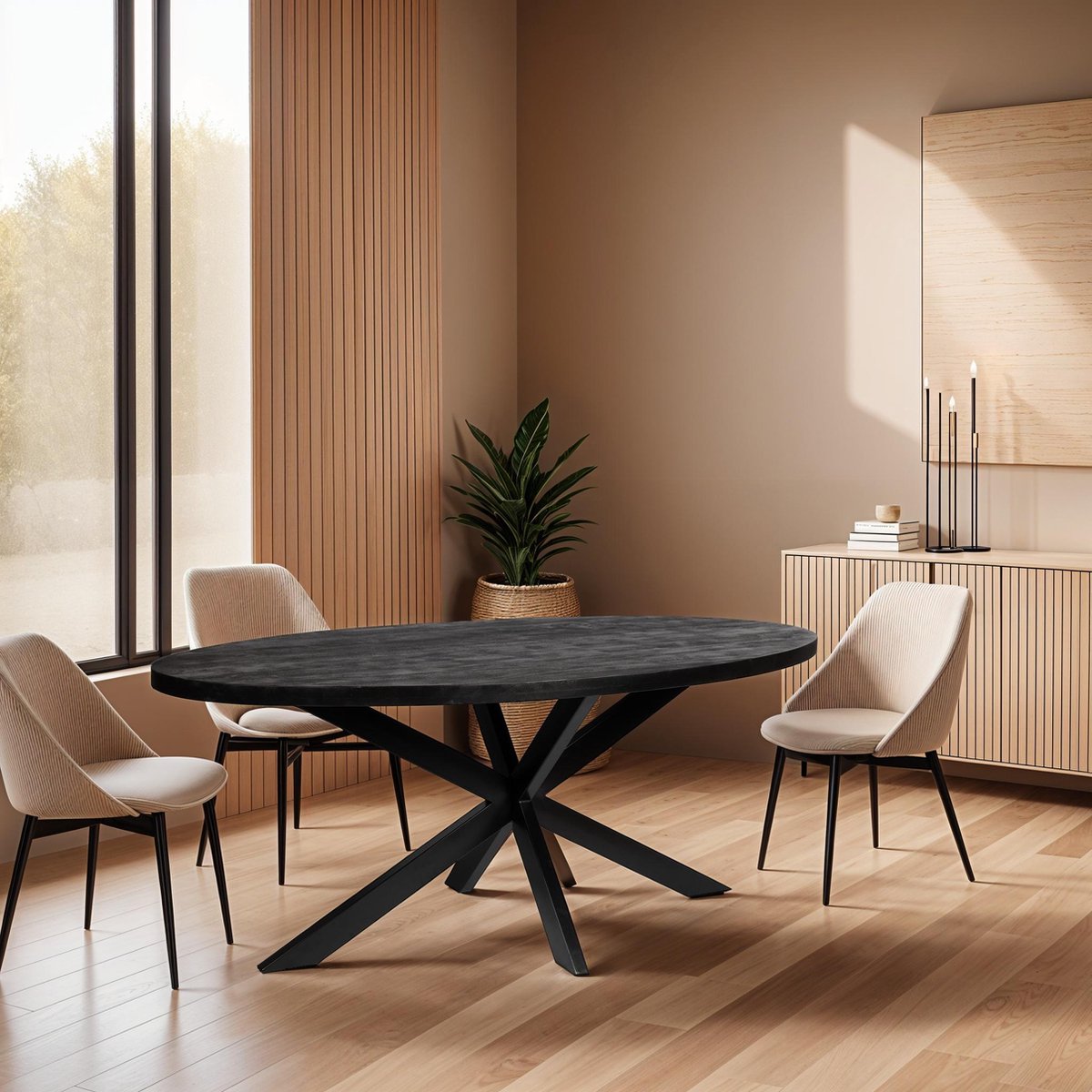 Thom - Eettafel - Ovaal 190cm - Volledig Zwart Kruispoot - Mangohout 5cm dik blad