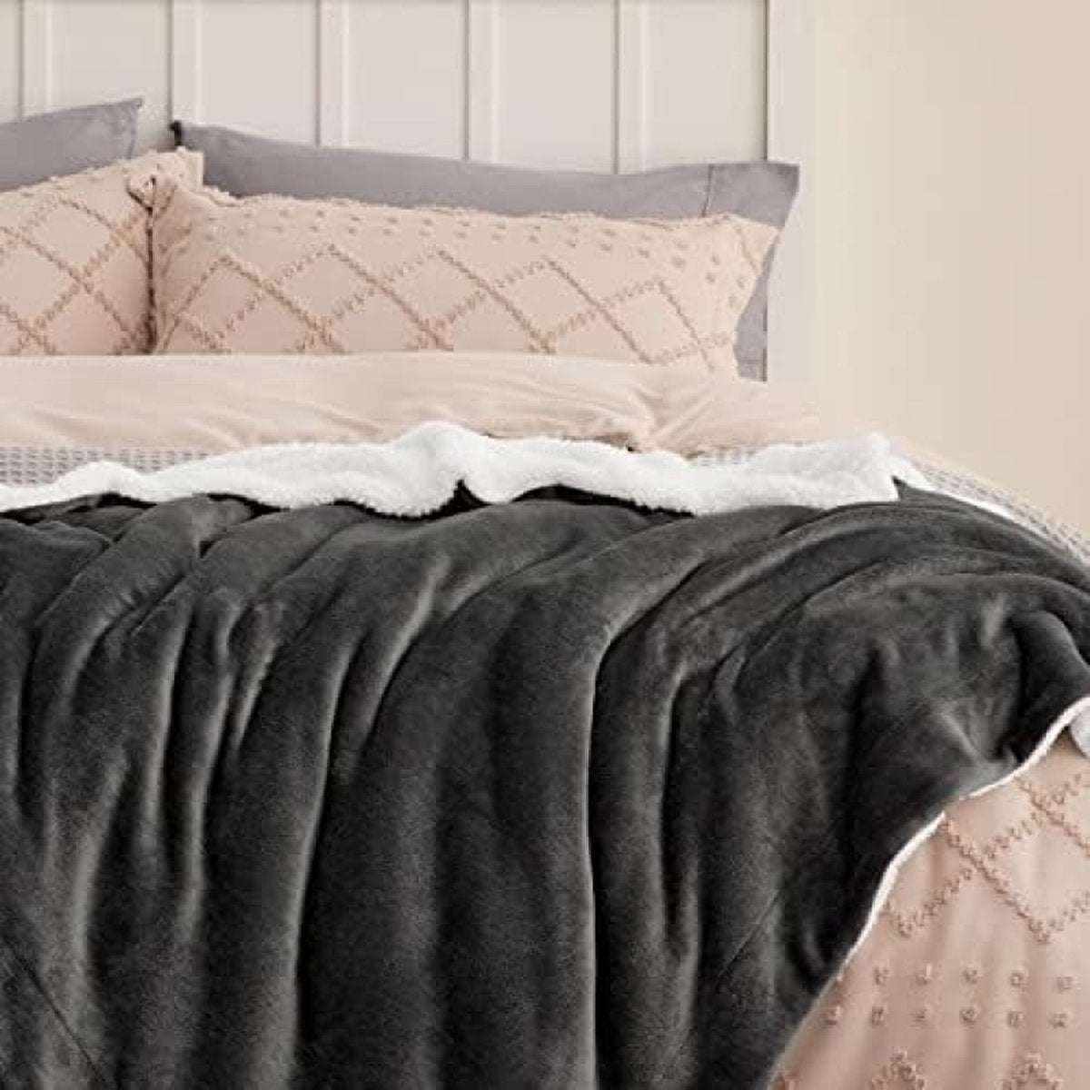 Sherpa fleece deken van microvezel voor bed en bank grijs 240x220cm, deken voor 2 personen, superzachte, pluizige deken voor woonkamer en slaapkamer