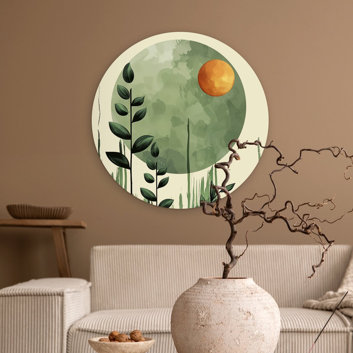 WallCircle® Wandcirkel 60x60 cm - Muurcirkel Abstract - Natuur - Kunst - Zon - Modern - Muurdecoratie woonkamer - Wanddecoratie slaapkamer - Kamerdecoratie accessoires - Ronde schilderijen - Woonaccessoires binnen cirkel