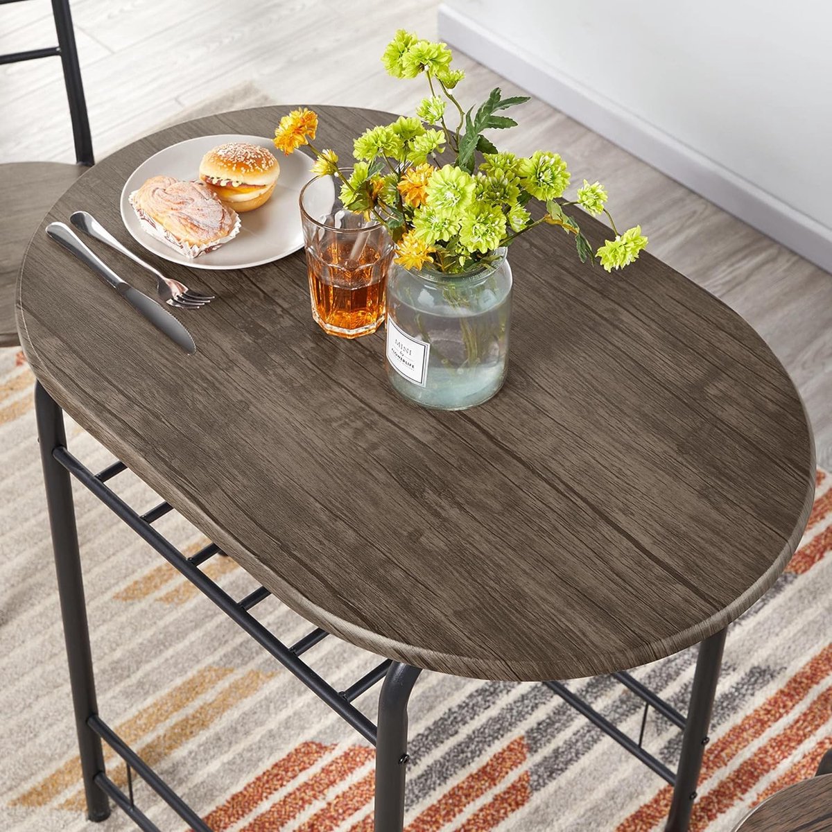 3-delige eethoek, eetset, keukentafelset, eettafel met 2 stoelen, keuken, houten tafel, balkontafel, ruimtebesparend, bruin.