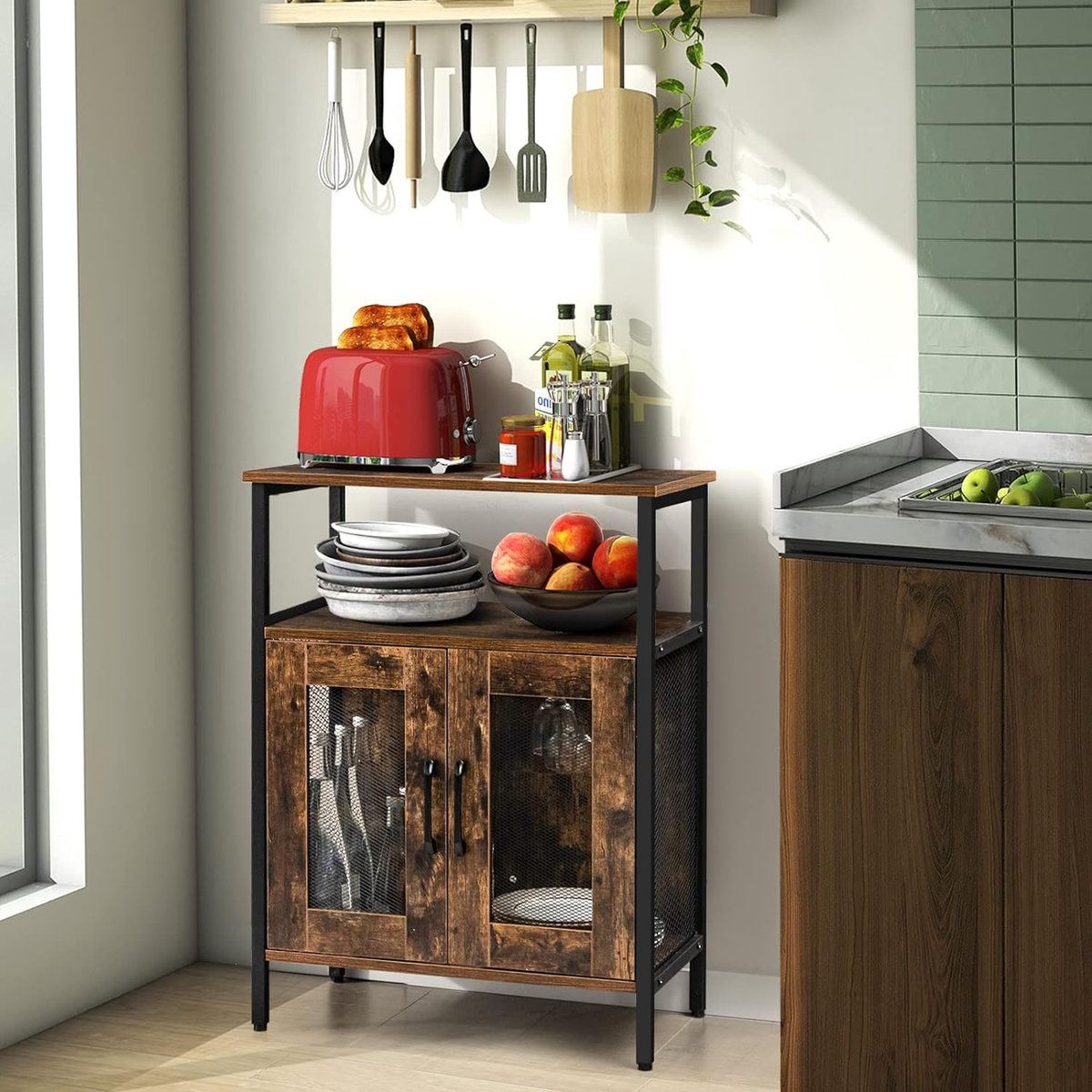 Bar cabinet with storage rack, wine bar cabinet, drinks cabinet with removable bottle holder and glass holder, industrial buffet cabinet for the kitchen