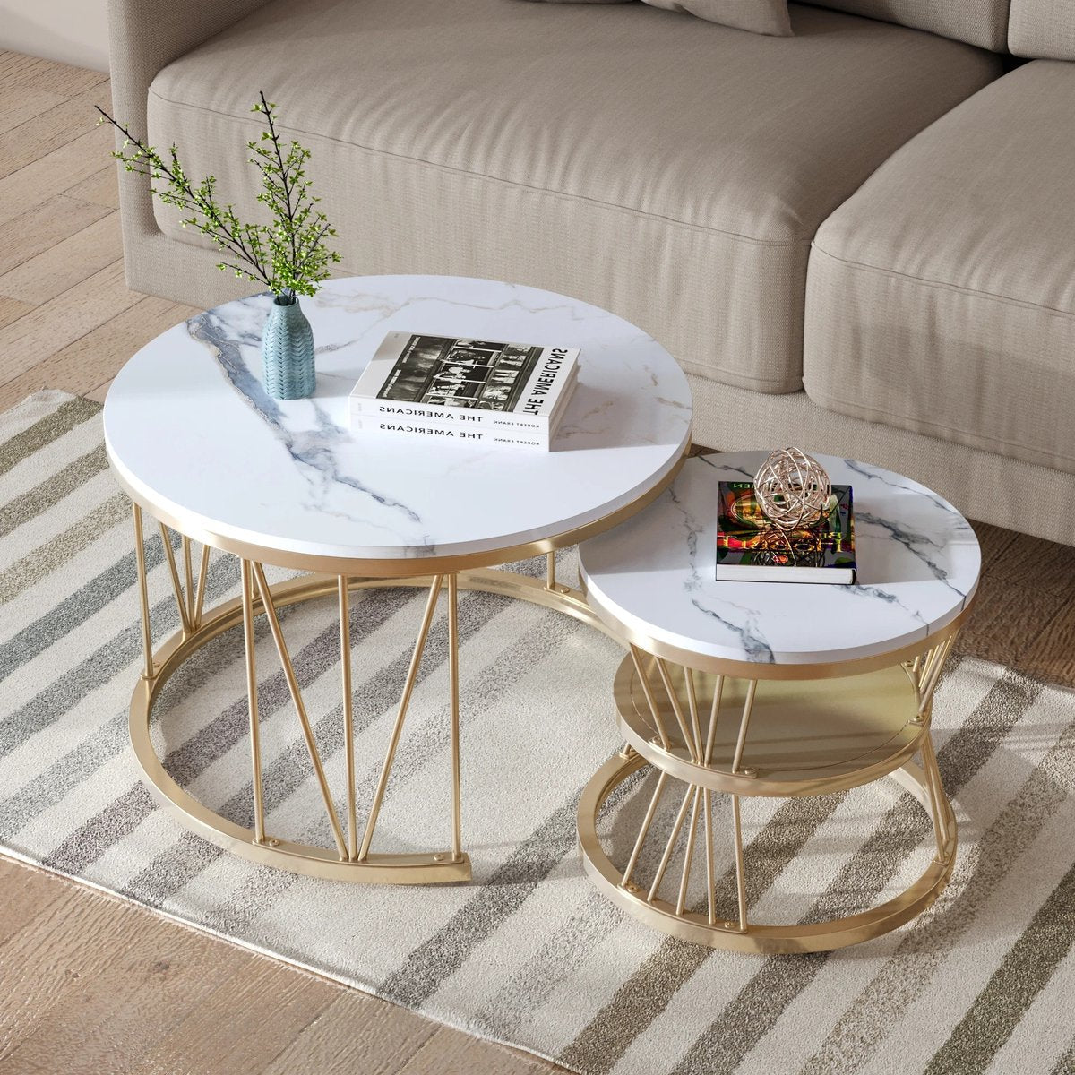 Moderne nestbare salontafel - Set van twee salontafels - Gouden Frame - Bijzettafels Wit met goud - 70 cm en 45 cm - Zwart met goud