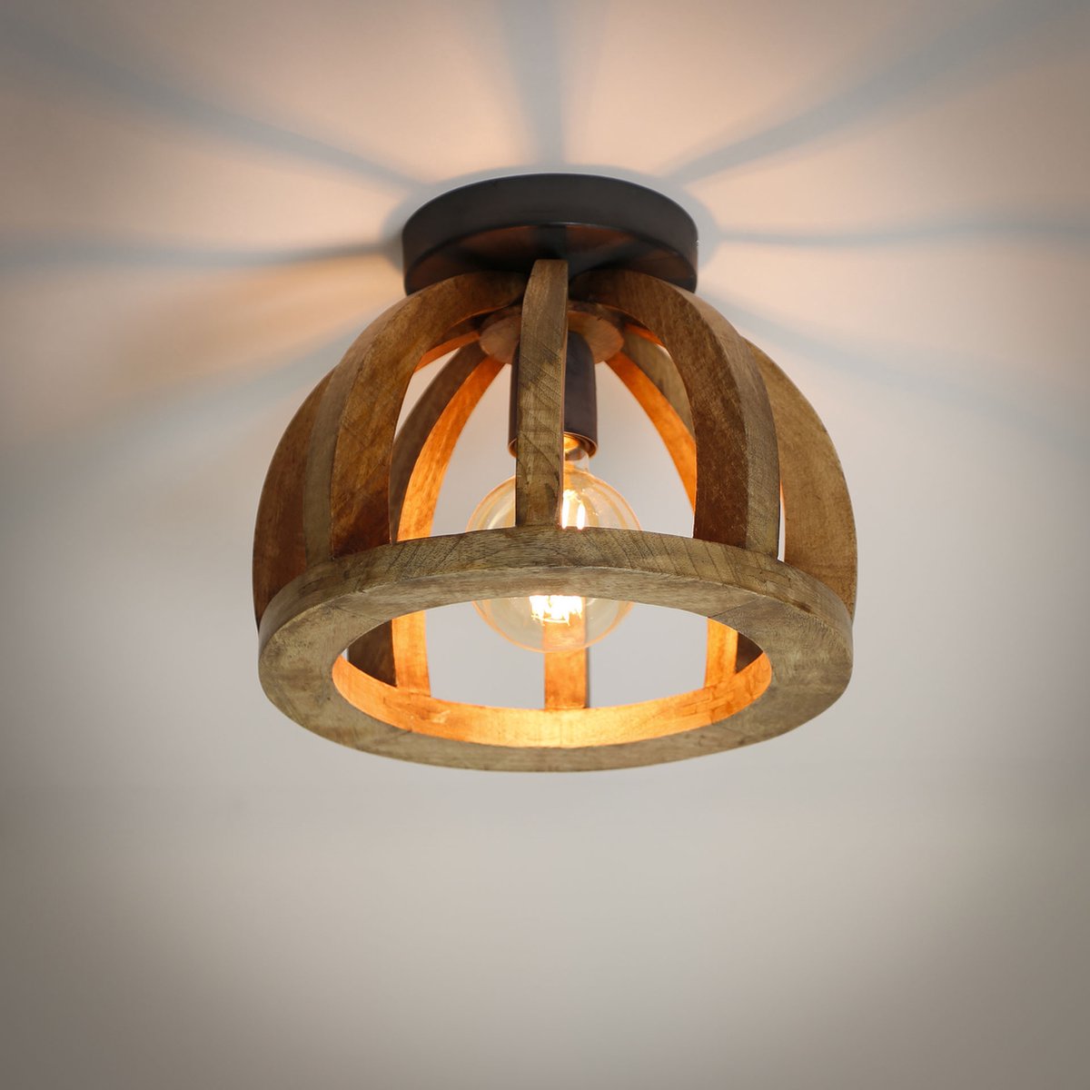 Ceiling lamp curved wooden slat | Ø 30 cm | 1 light | solid mango wood natural | modern / rural design
