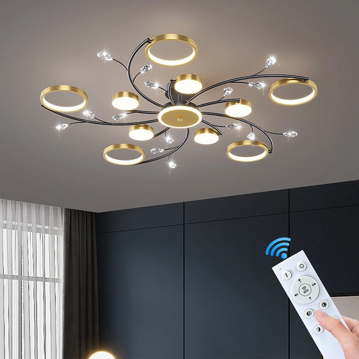 10 Rings Ceiling Light - Modern LED Chandelier - Smart Lamp - APP - Gold/Black - Dimmable With Remote Control - 100 cm