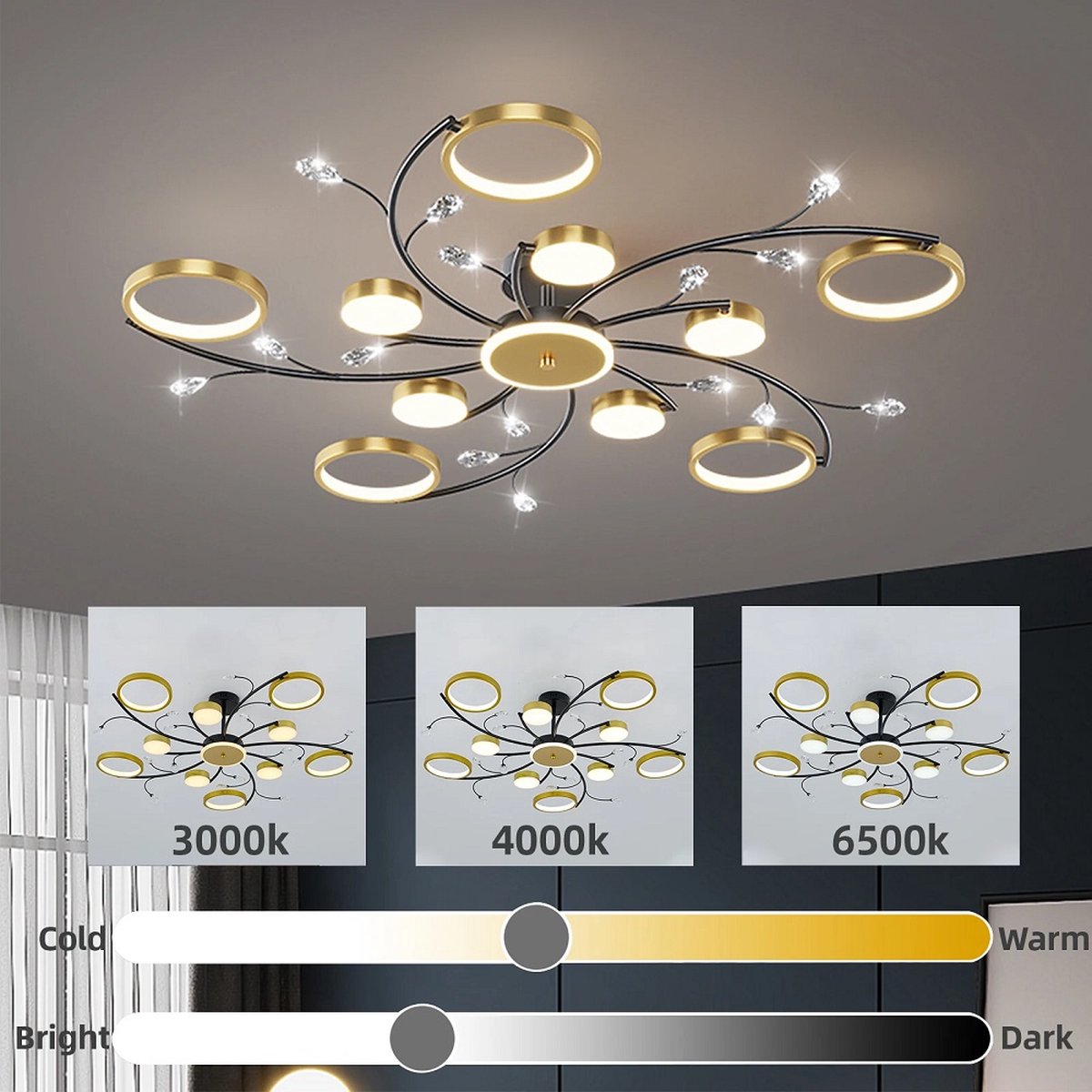 10 Rings Ceiling Light - Modern LED Chandelier - Smart Lamp - APP - Gold/Black - Dimmable With Remote Control - 100 cm